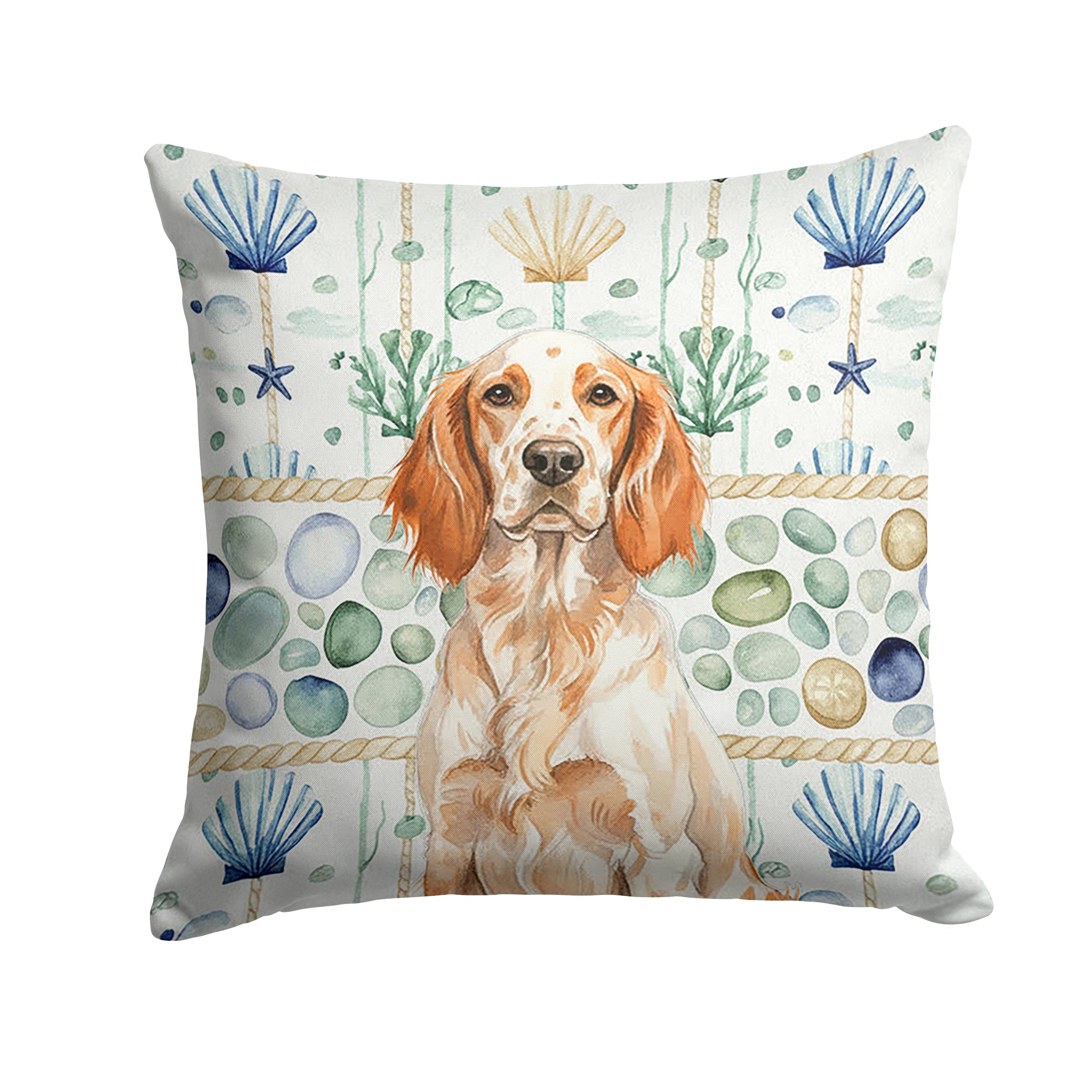 Orange Belton English Setter Coastal Sea Glass Decorative Throw Pillow 14x14 Indoor Outdoor Accent Cushion, Fabric Cover with Insert for Sofa, Bed, Porch & Living Room