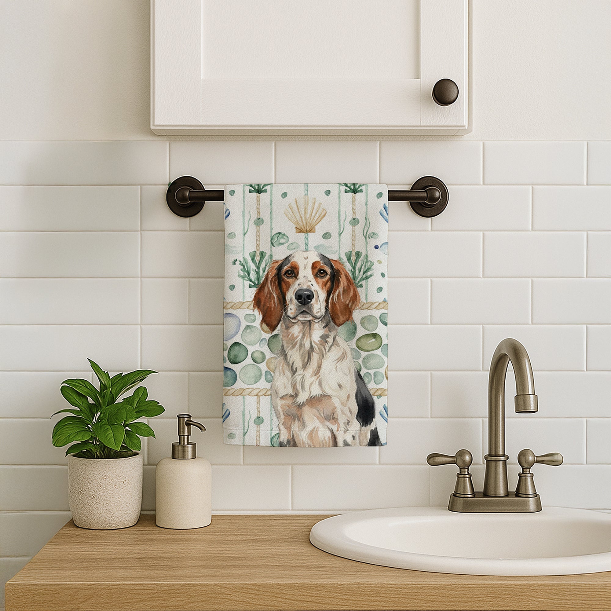 Tricolor English Setter Coastal Sea Glass Kitchen Towel Velour Plush Front and Cotton Loop Back Machine Washable