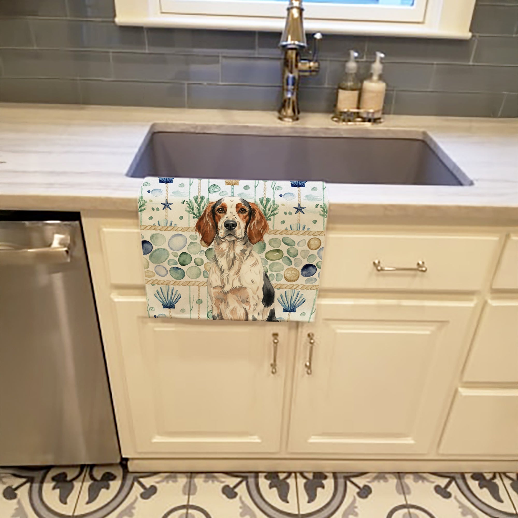 Tricolor English Setter Coastal Sea Glass Kitchen Towel Velour Plush Front and Cotton Loop Back Machine Washable