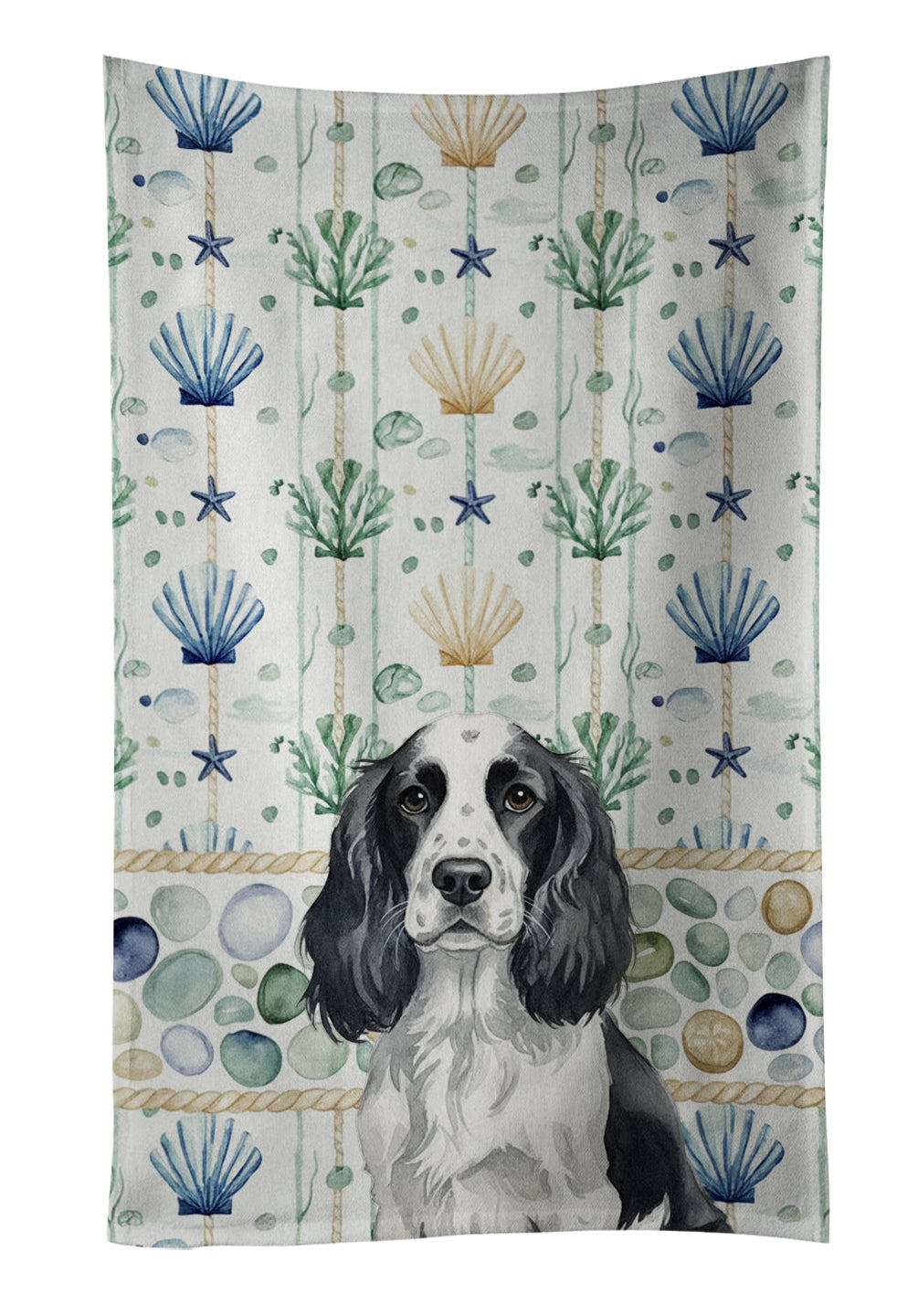 Black and White English Springer Spaniel Coastal Sea Glass Kitchen Towel Velour Plush Front and Cotton Loop Back Machine Washable