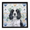 Black and White English Springer Spaniel Coastal Sea Glass Framed Metal Print Bathroom, Kitchen, Office, Home Decor Wall Art Ready to Hang, Square, 8X8