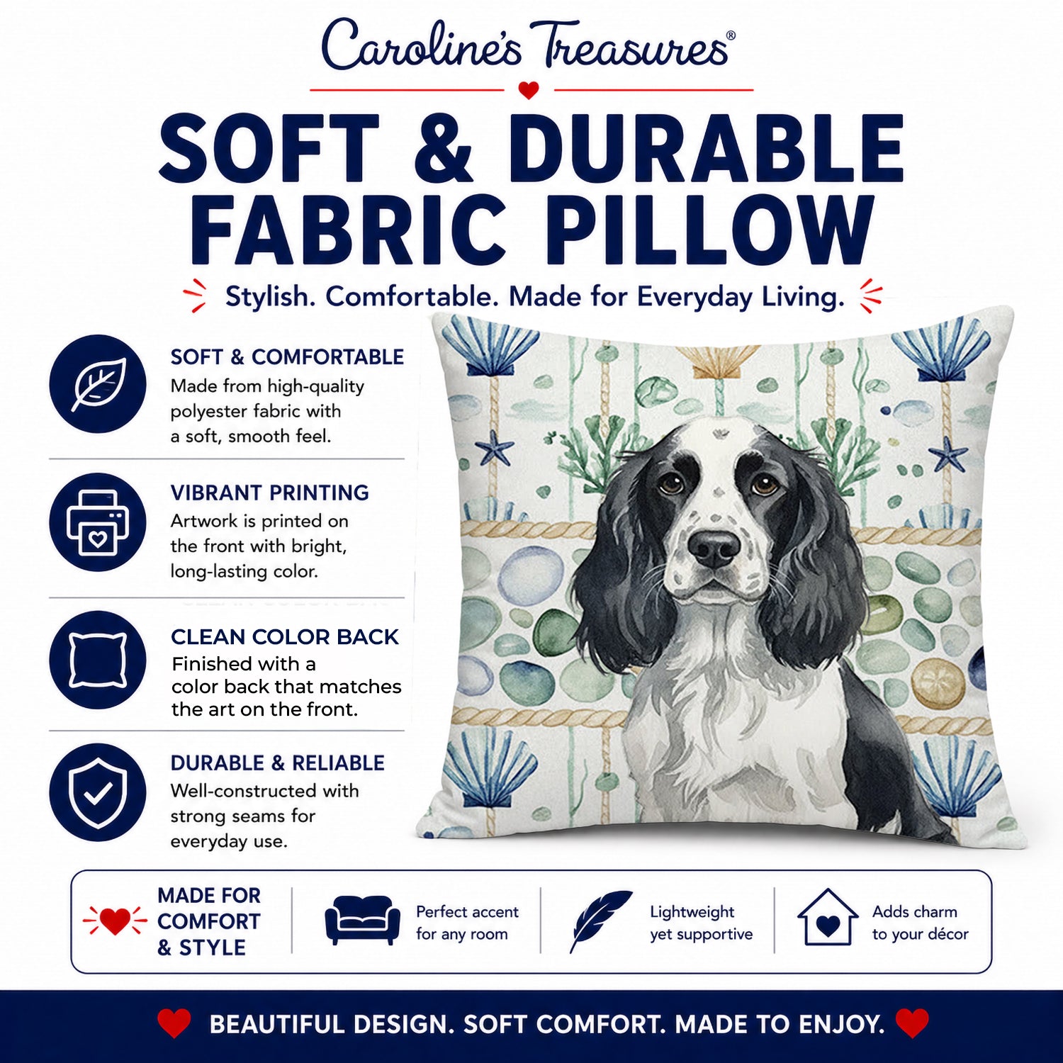 Black and White English Springer Spaniel Coastal Sea Glass Decorative Throw Pillow 18x18 Indoor Outdoor Accent Cushion, Fabric Cover with Insert for Sofa, Bed, Porch & Living Room
