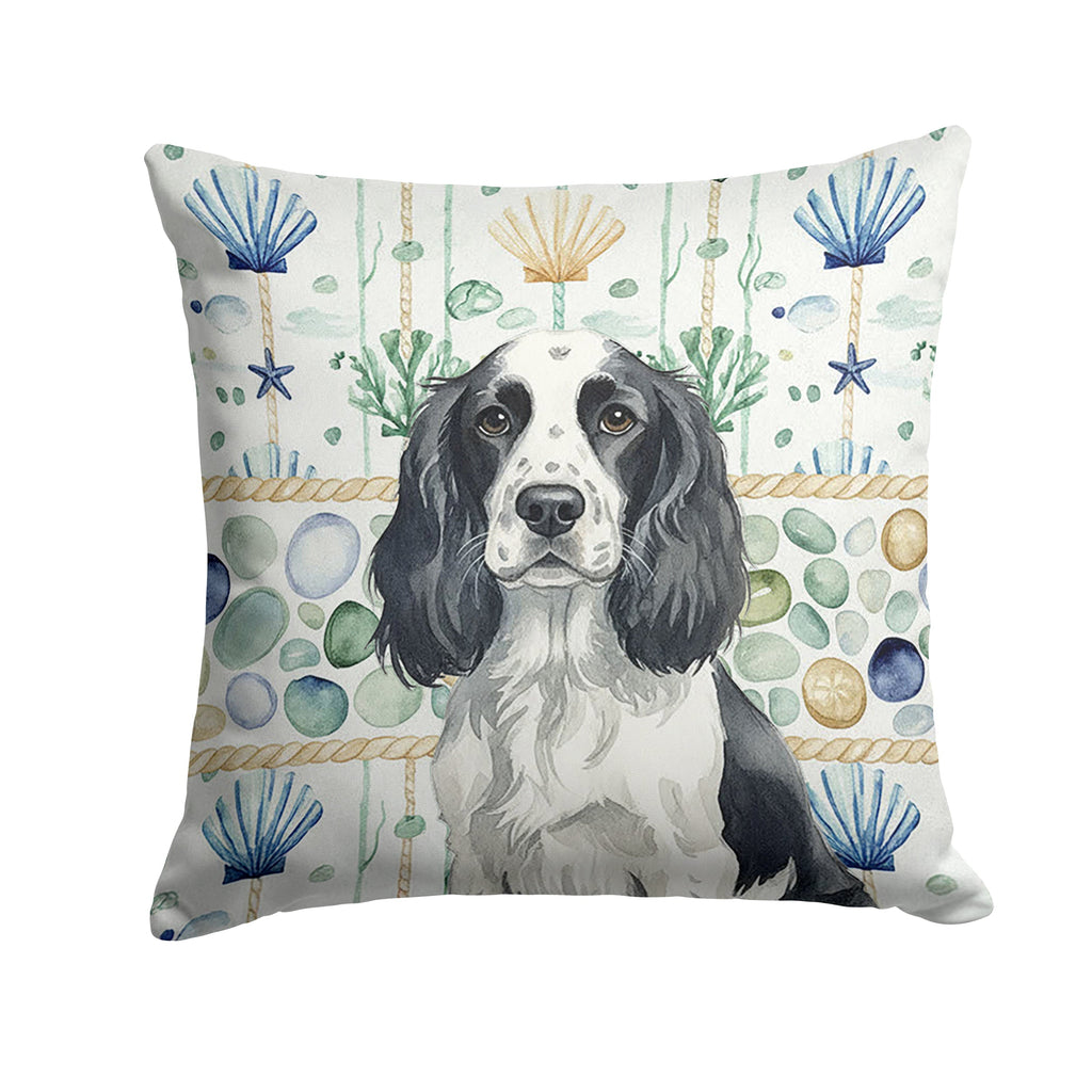Black and White English Springer Spaniel Coastal Sea Glass Decorative Throw Pillow 18x18 Indoor Outdoor Accent Cushion, Fabric Cover with Insert for Sofa, Bed, Porch & Living Room