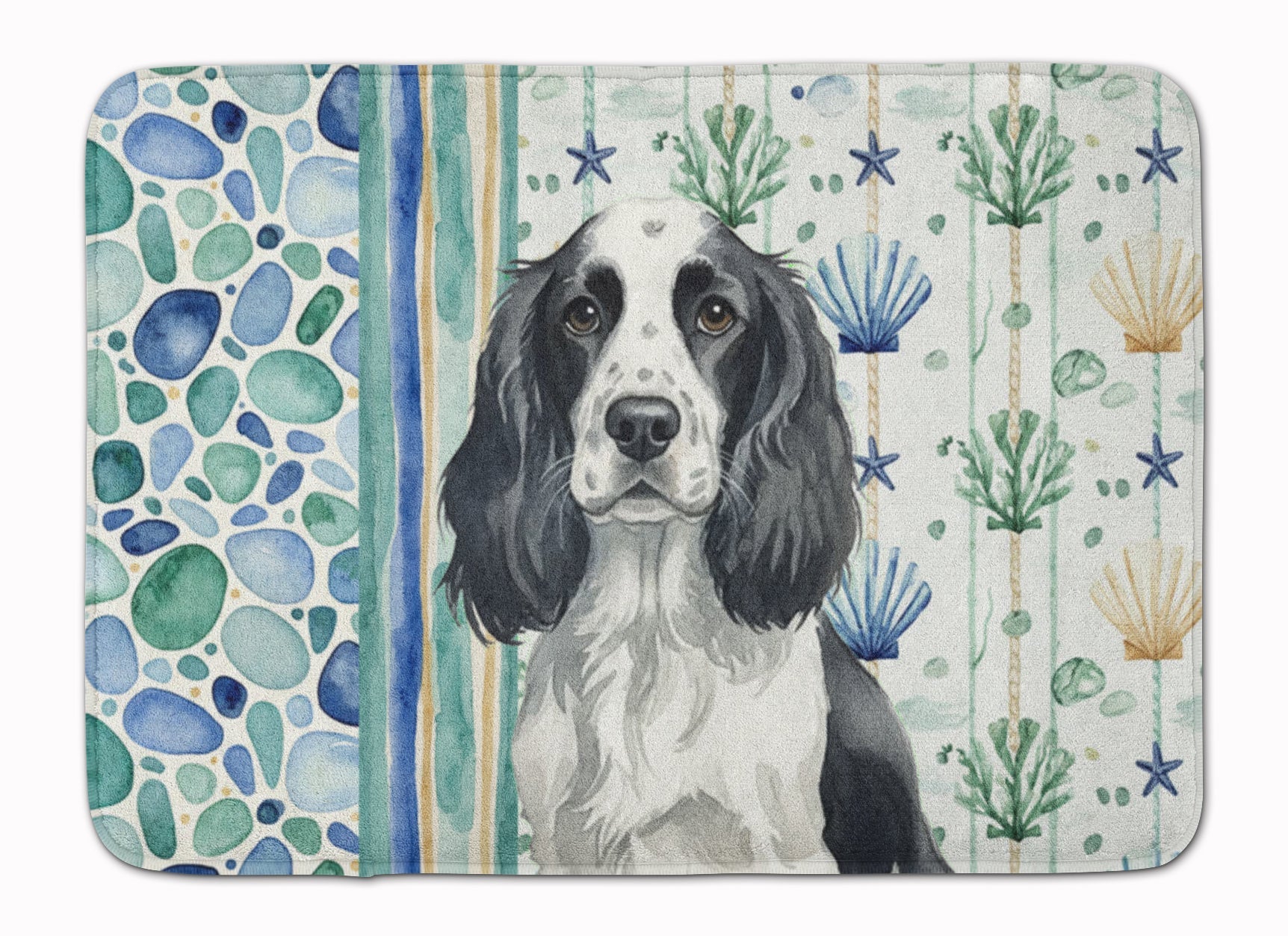 Black and White English Springer Spaniel Coastal Sea Glass Memory Foam Kitchen Mat Machine Washable Anti-Fatigue Cushion Comfort Bath or Kitchen Rug