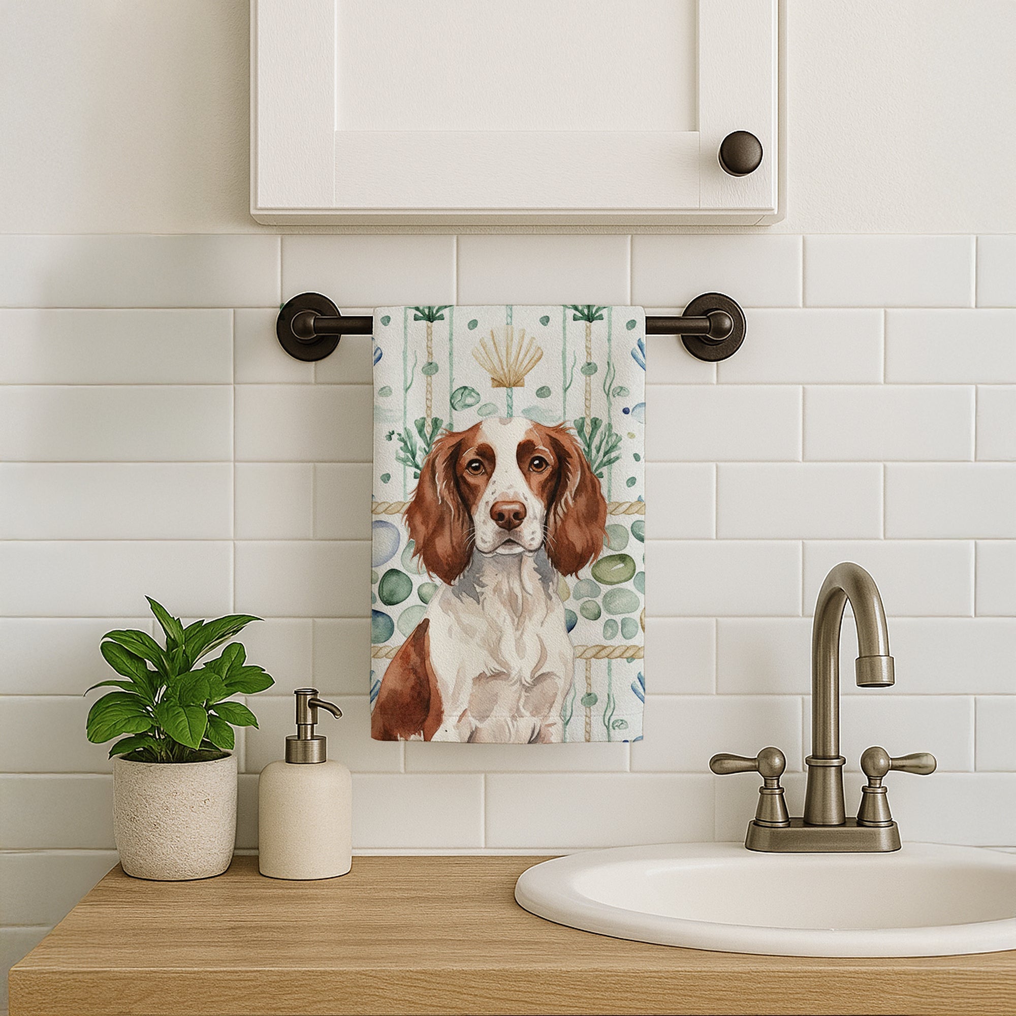 Liver and White English Springer Spaniel Coastal Sea Glass Kitchen Towel Velour Plush Front and Cotton Loop Back Machine Washable