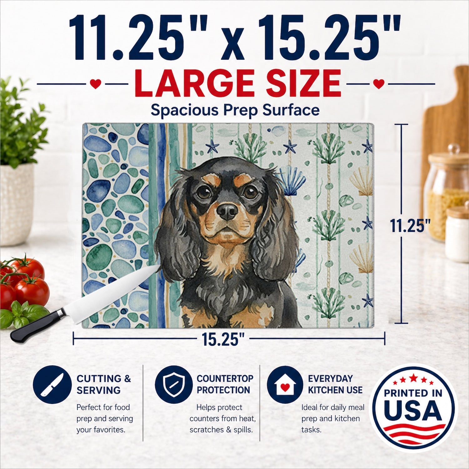 Black and Tan English Toy Spaniel Coastal Sea Glass Cutting Board Tempered Glass Kitchen Cutting Surface, Heat Resistant Chopping, Non-Slip Feet, Food Prep & Serving