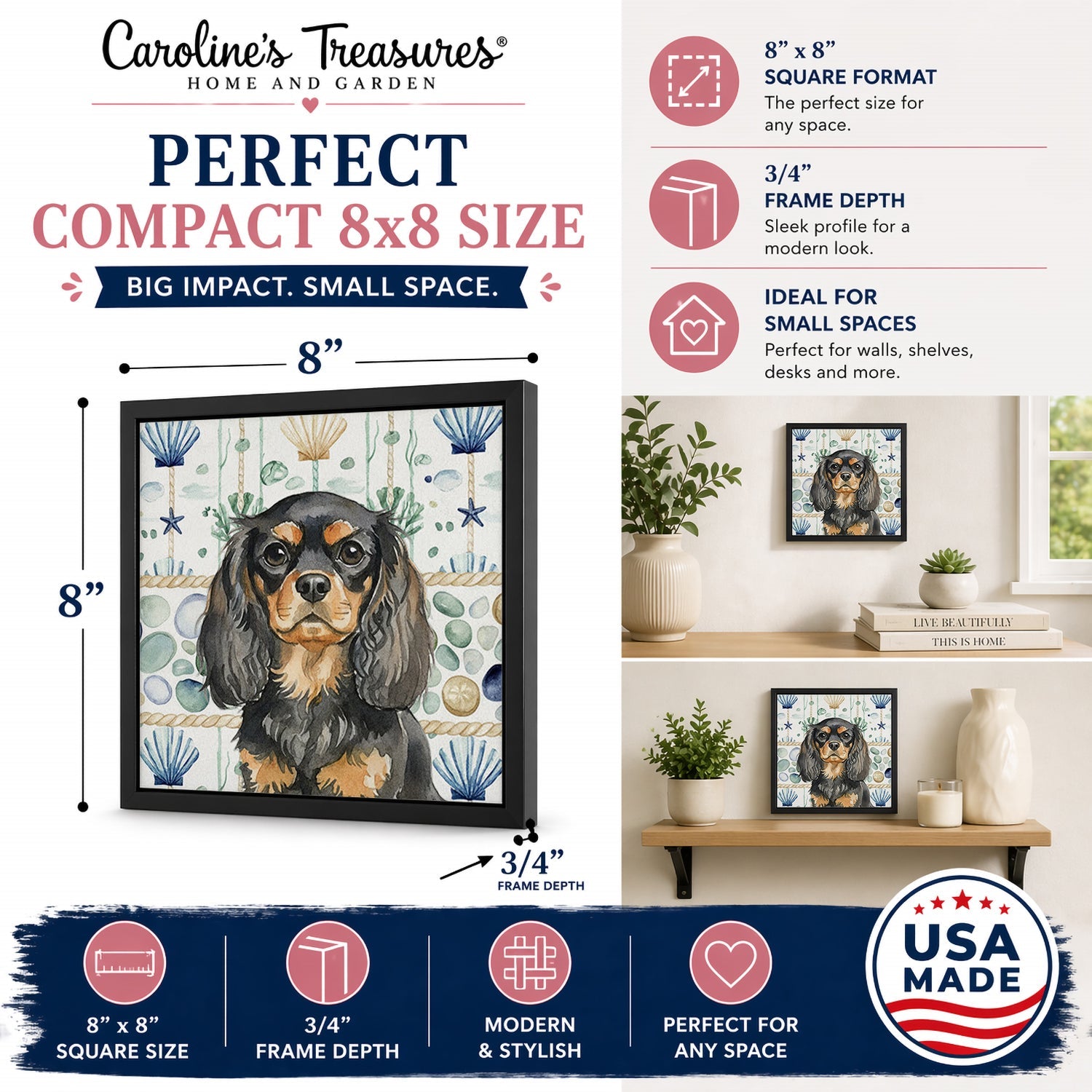Black and Tan English Toy Spaniel Coastal Sea Glass Framed Metal Print Bathroom, Kitchen, Office, Home Decor Wall Art Ready to Hang, Square, 8X8