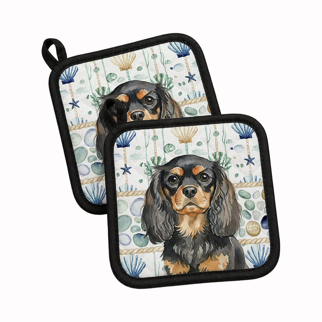 Black and Tan English Toy Spaniel Coastal Sea Glass Pot Holder Set of 2 Heat Resistant Quilted Hot Pads 7.5 x 7.5 Inch, Insulated Kitchen Trivets for Cooking & Baking