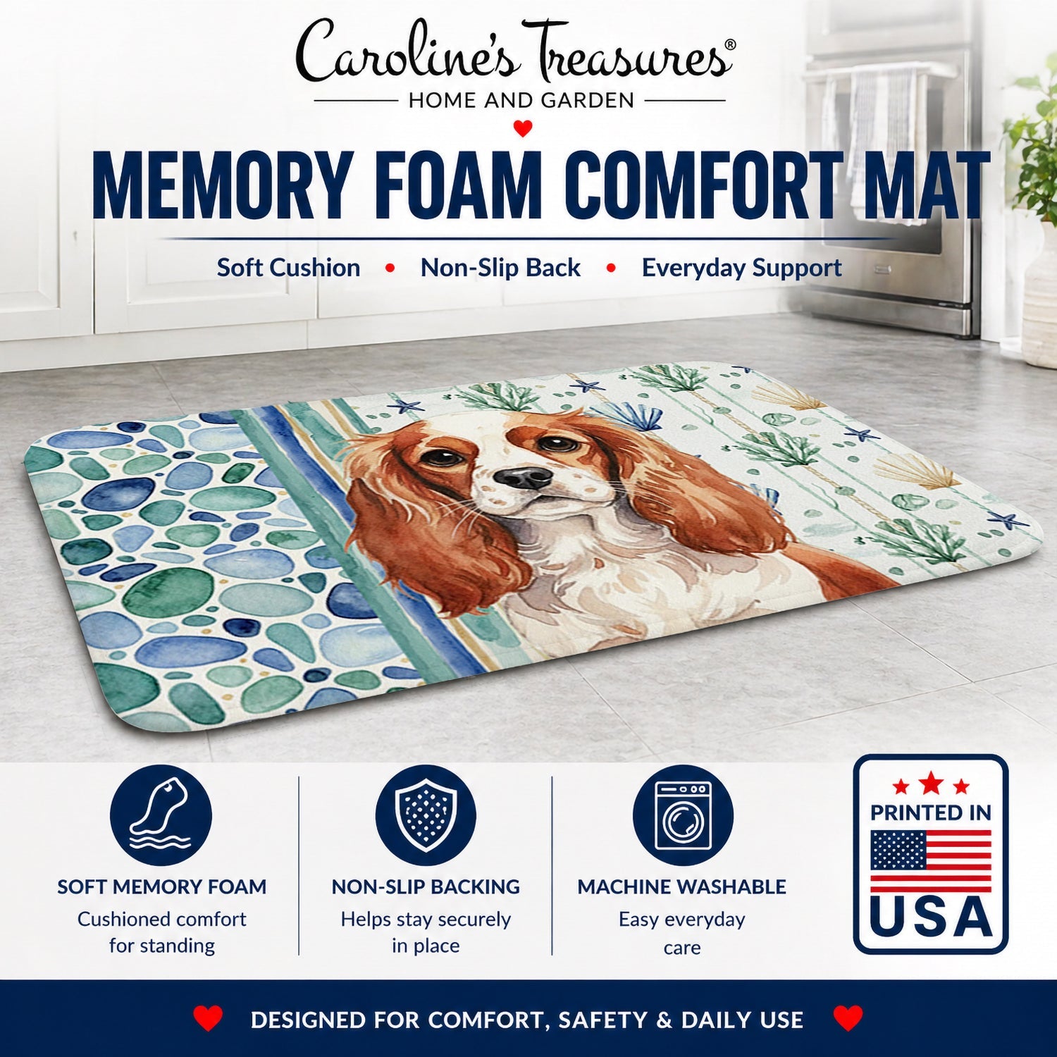 Blenheim English Toy Spaniel Coastal Sea Glass Memory Foam Kitchen Mat Machine Washable Anti-Fatigue Cushion Comfort Bath or Kitchen Rug