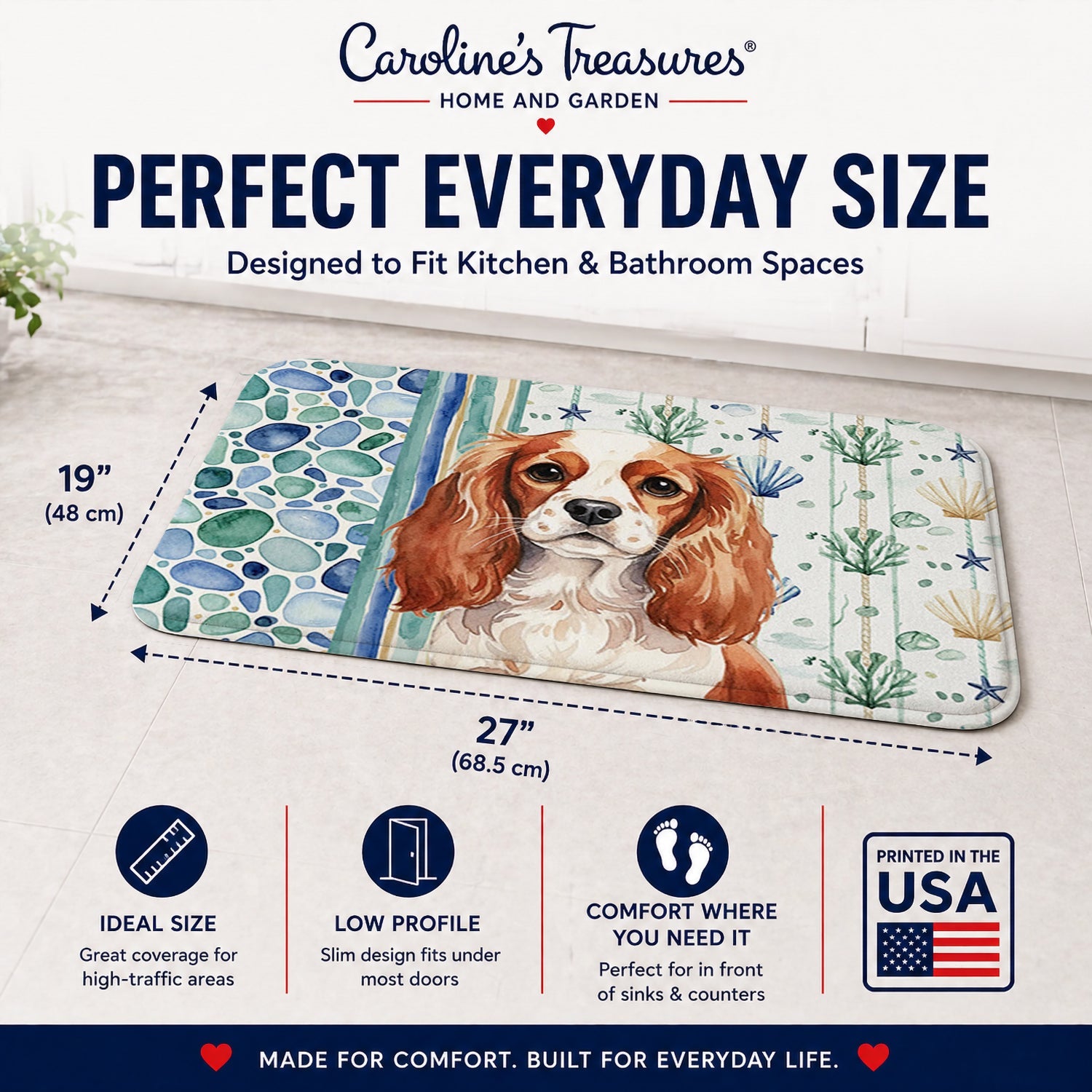 Blenheim English Toy Spaniel Coastal Sea Glass Memory Foam Kitchen Mat Machine Washable Anti-Fatigue Cushion Comfort Bath or Kitchen Rug