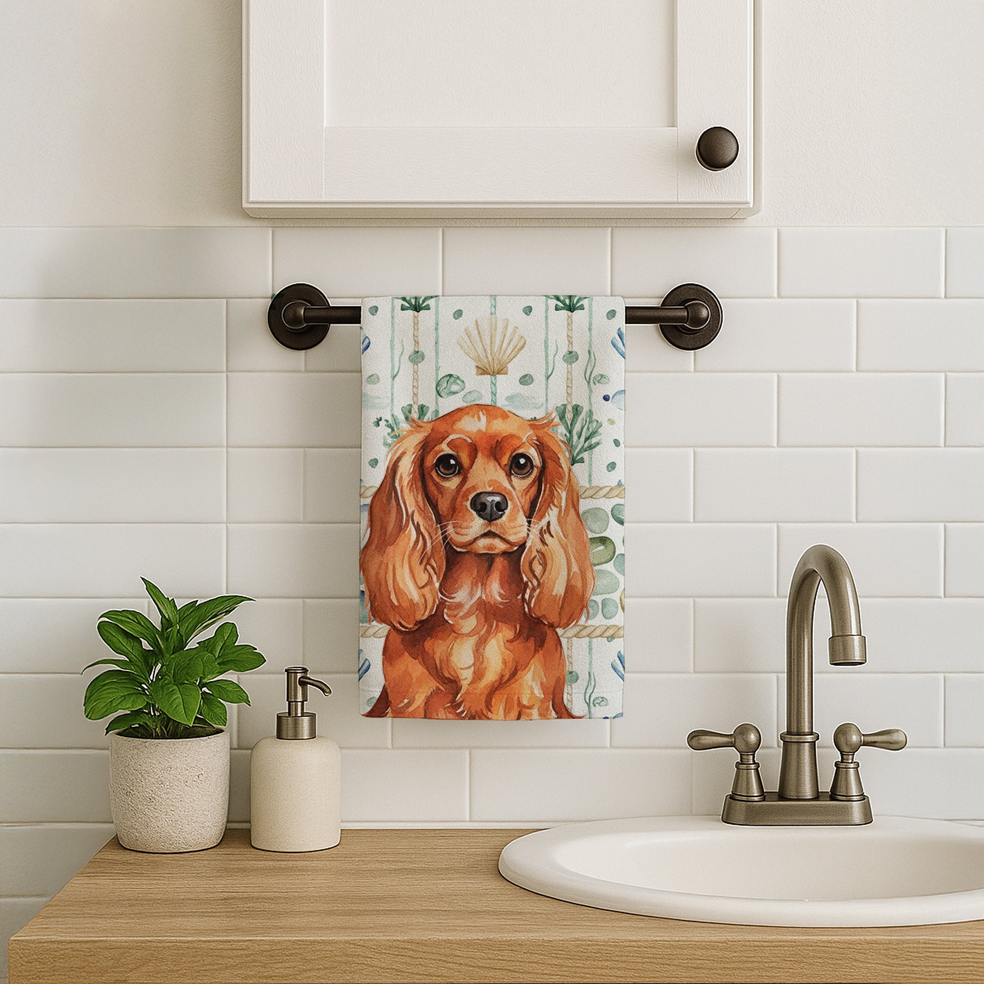 Ruby English Toy Spaniel Coastal Sea Glass Kitchen Towel Velour Plush Front and Cotton Loop Back Machine Washable