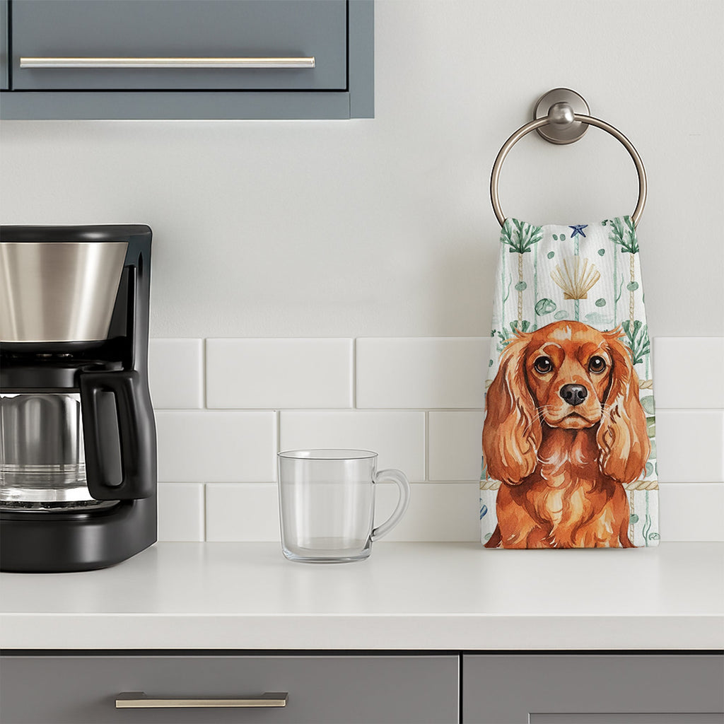 Ruby English Toy Spaniel Coastal Sea Glass Kitchen Towel Velour Plush Front and Cotton Loop Back Machine Washable