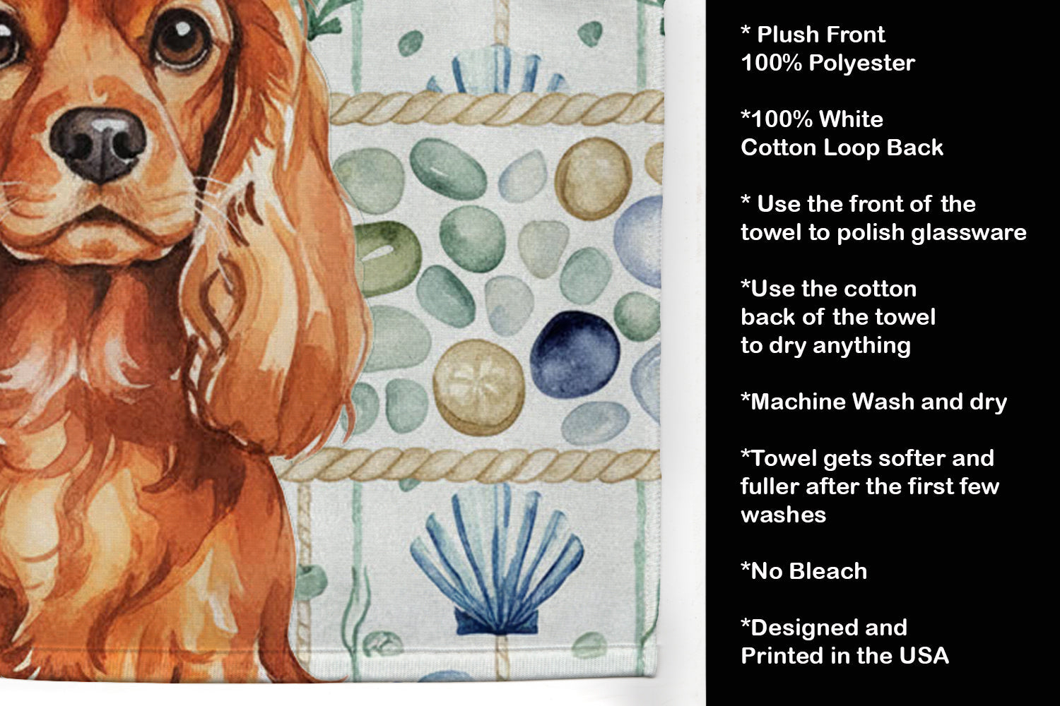 Ruby English Toy Spaniel Coastal Sea Glass Kitchen Towel Velour Plush Front and Cotton Loop Back Machine Washable