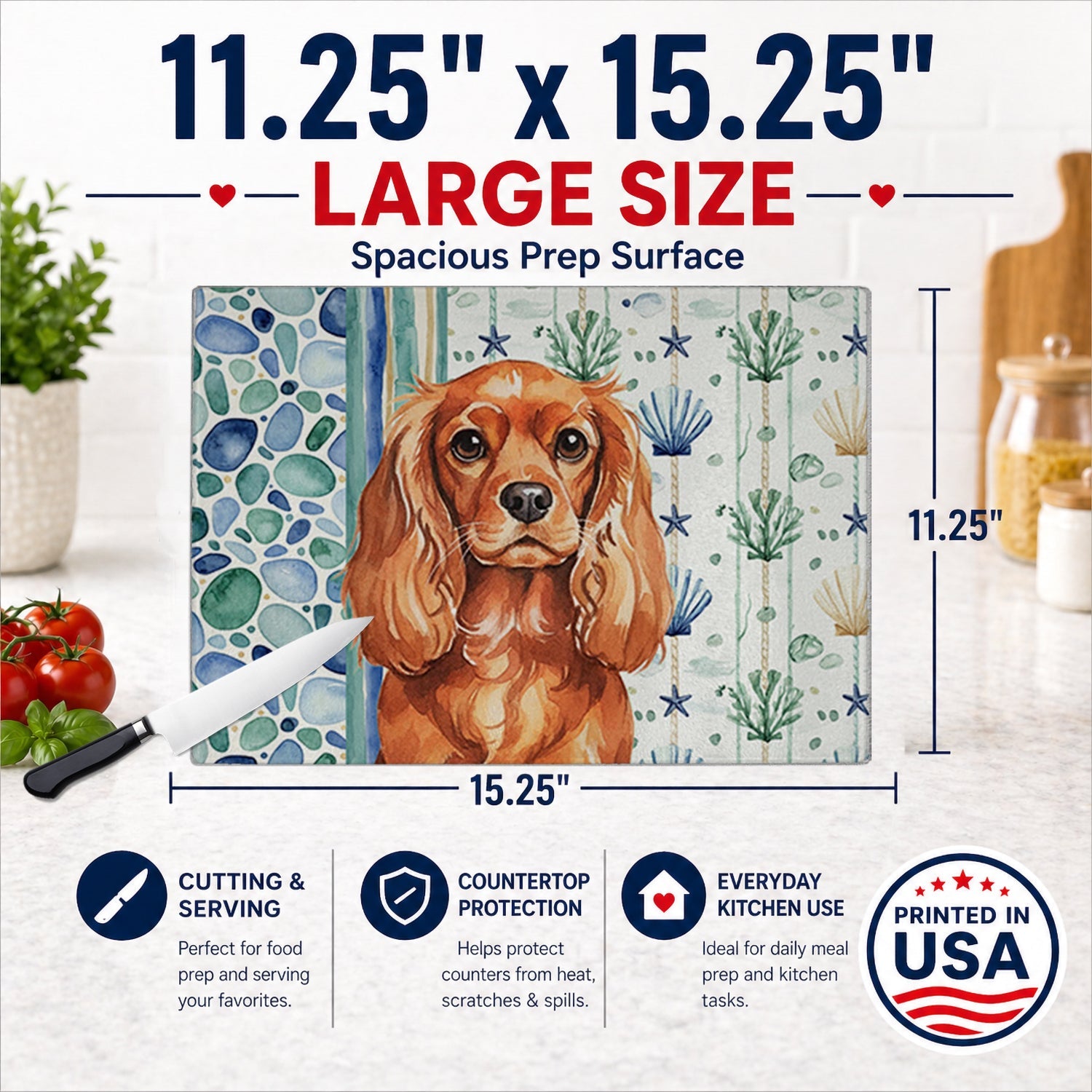 Ruby English Toy Spaniel Coastal Sea Glass Cutting Board Tempered Glass Kitchen Cutting Surface, Heat Resistant Chopping, Non-Slip Feet, Food Prep & Serving