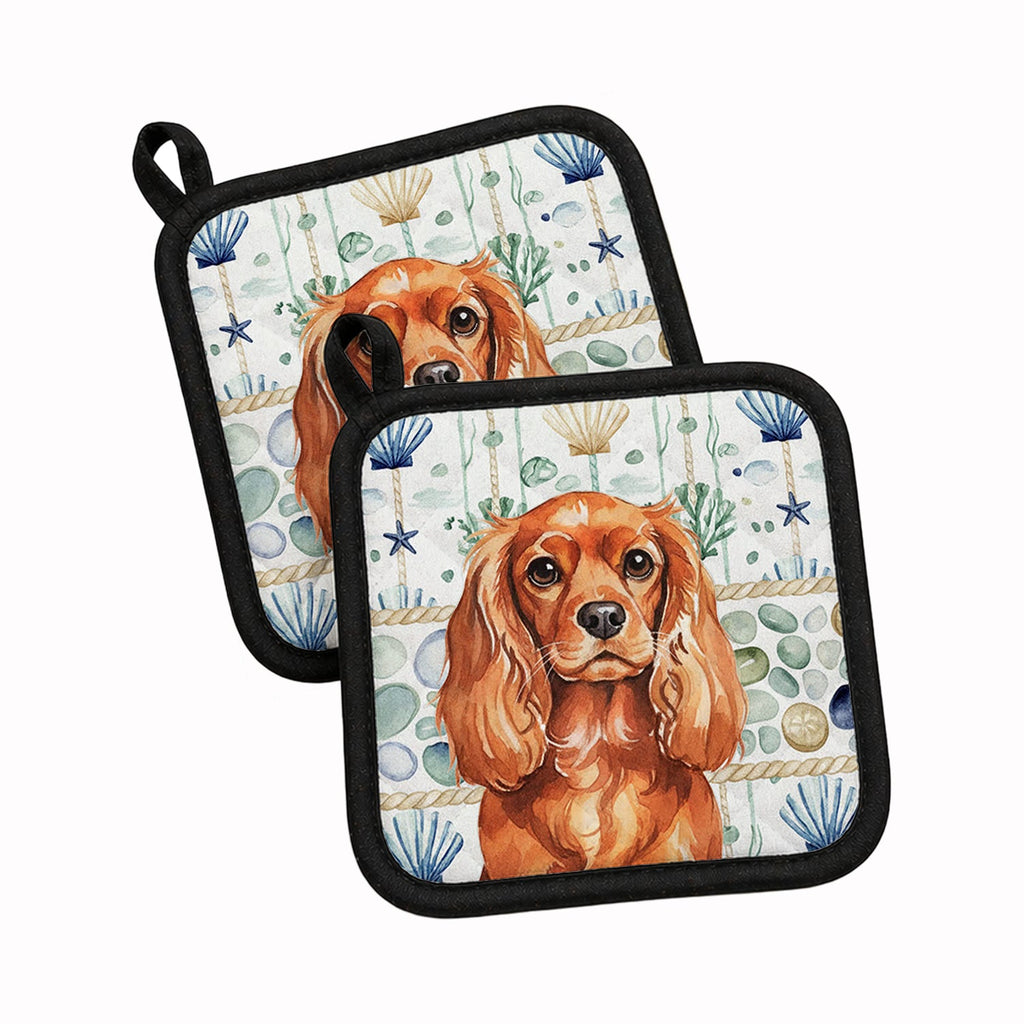 Ruby English Toy Spaniel Coastal Sea Glass Pot Holder Set of 2 Heat Resistant Quilted Hot Pads 7.5 x 7.5 Inch, Insulated Kitchen Trivets for Cooking & Baking