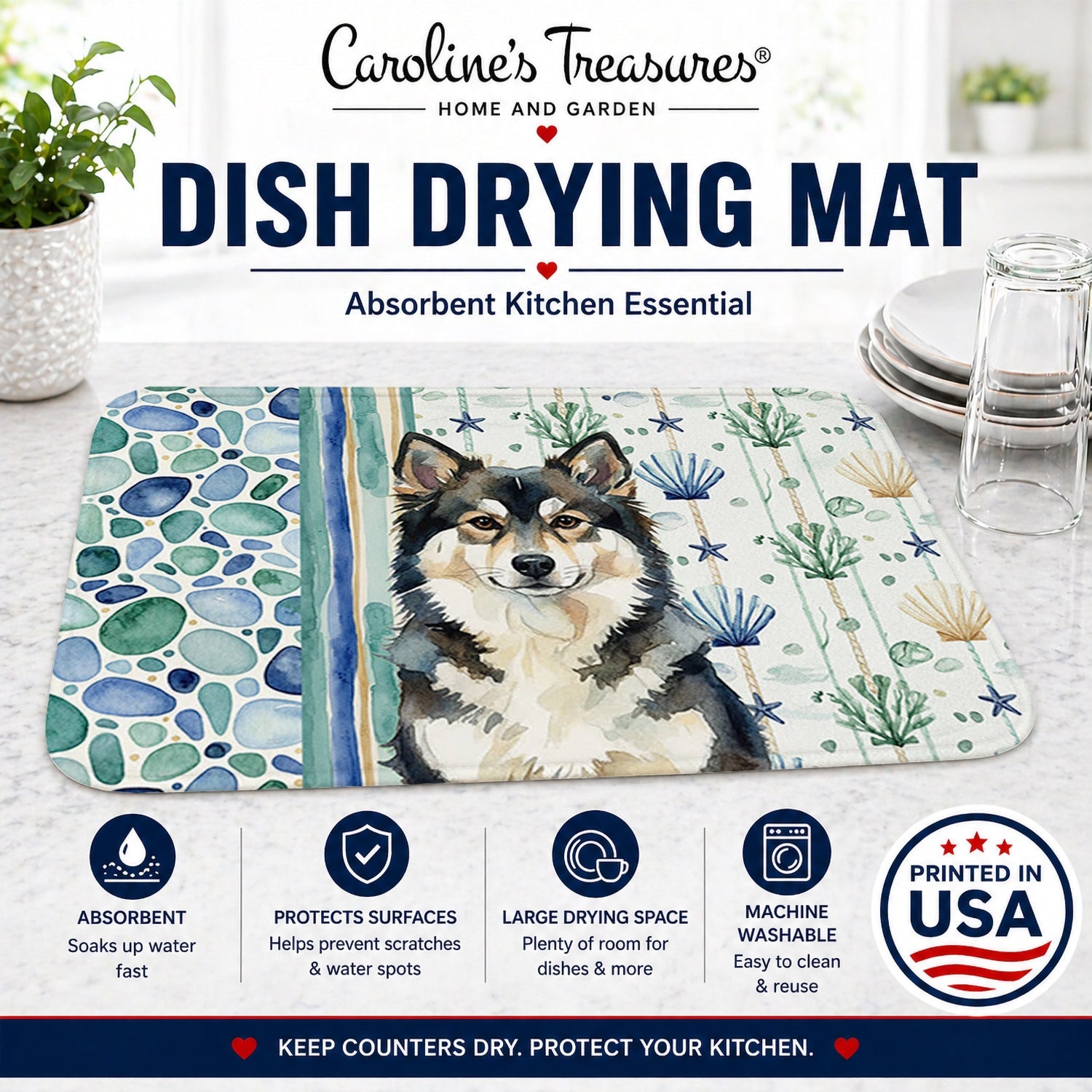 Finnish Lapphund Coastal Sea Glass Dish Drying Mat Absorbent Dish Drying Mat Pad for Kitchen Counter Dish Drainer Mat for Countertop, 14 x 21", Multicolor