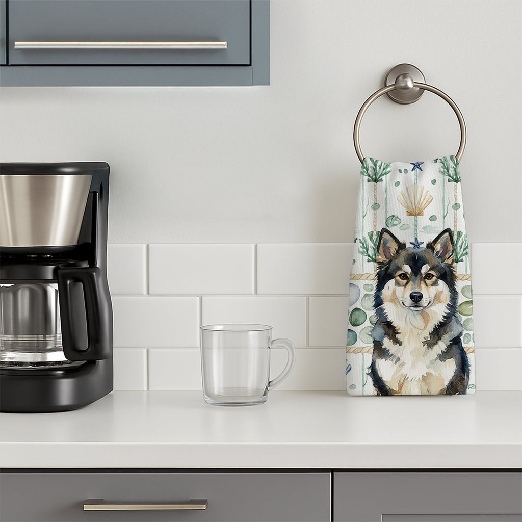 Finnish Lapphund Coastal Sea Glass Kitchen Towel Velour Plush Front and Cotton Loop Back Machine Washable