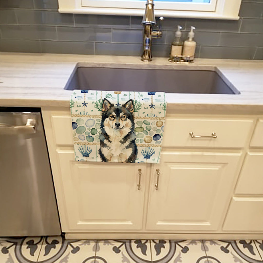 Finnish Lapphund Coastal Sea Glass Kitchen Towel Velour Plush Front and Cotton Loop Back Machine Washable