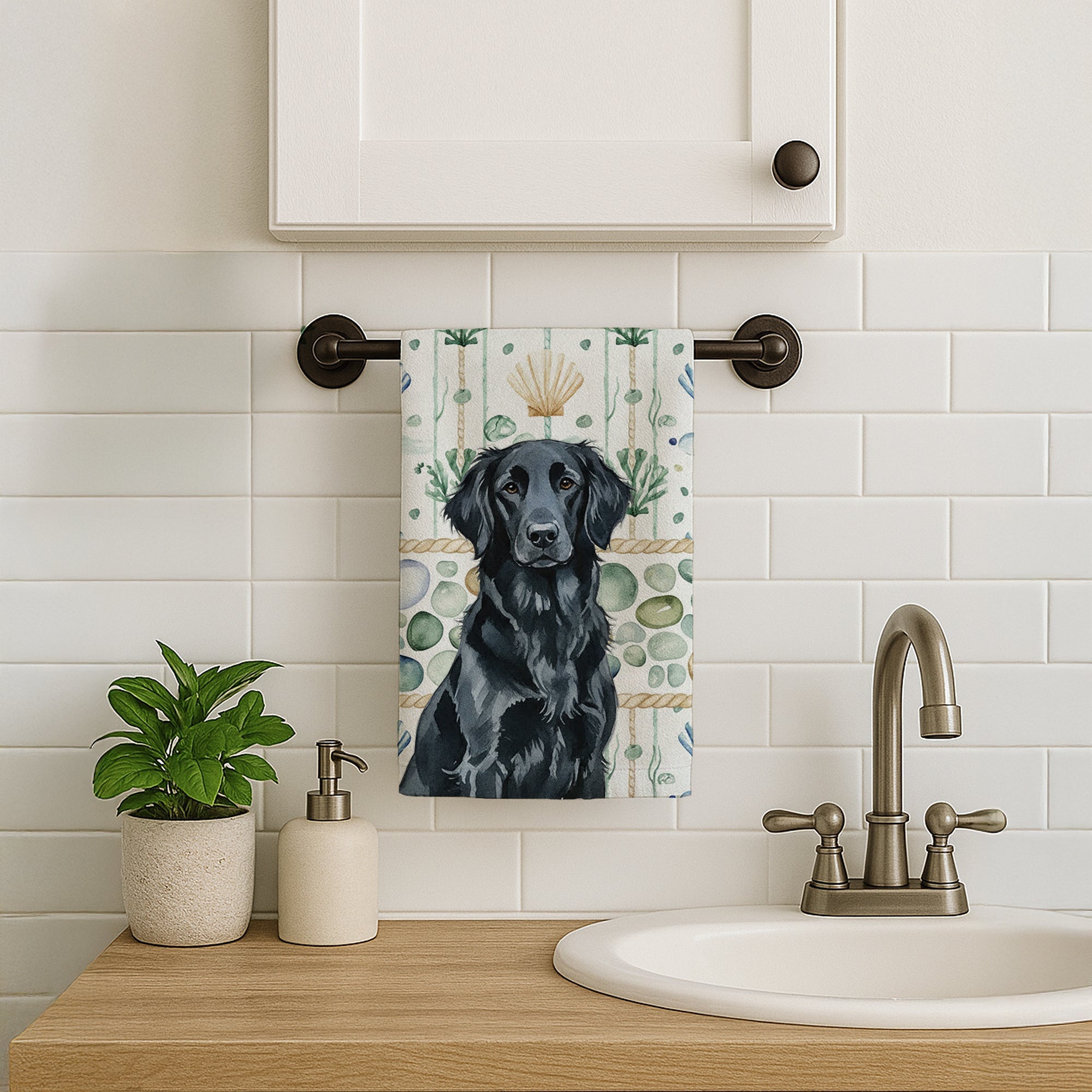 Black Flat-Coated Retriever Coastal Sea Glass Kitchen Towel Velour Plush Front and Cotton Loop Back Machine Washable