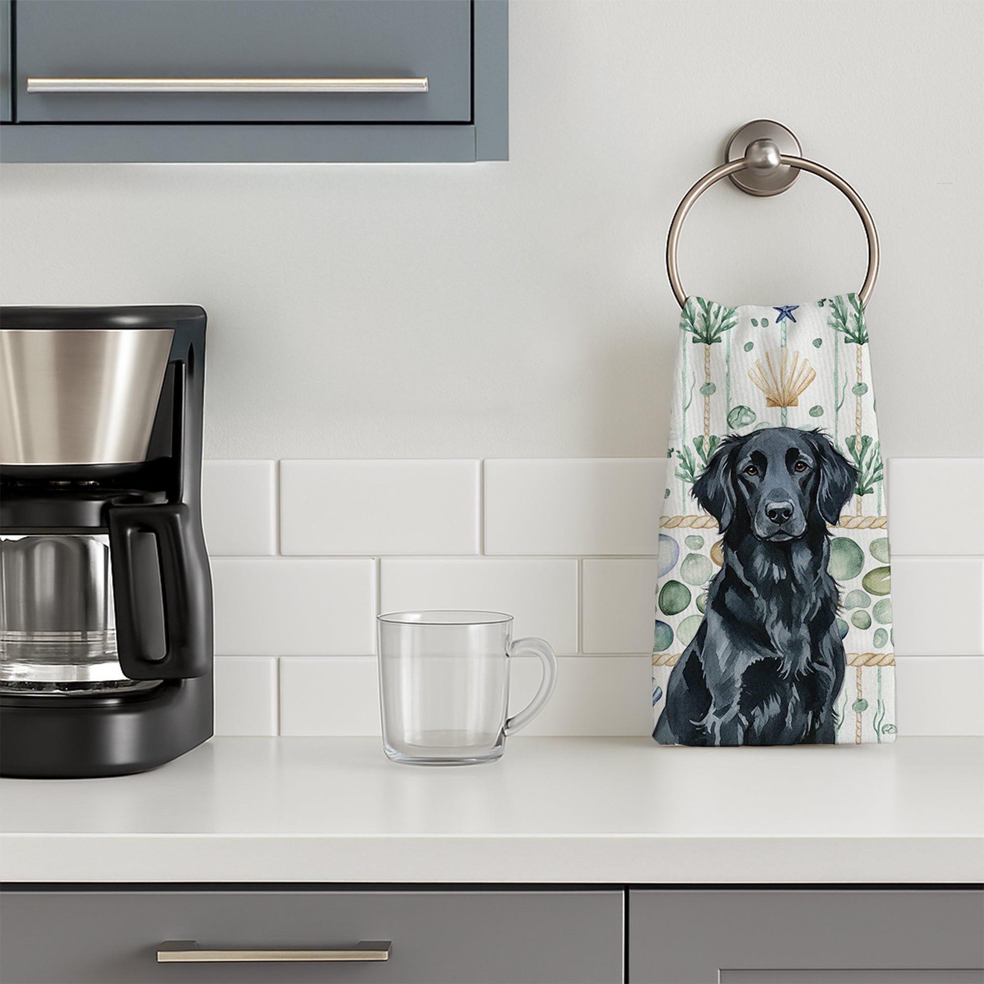 Black Flat-Coated Retriever Coastal Sea Glass Kitchen Towel Velour Plush Front and Cotton Loop Back Machine Washable