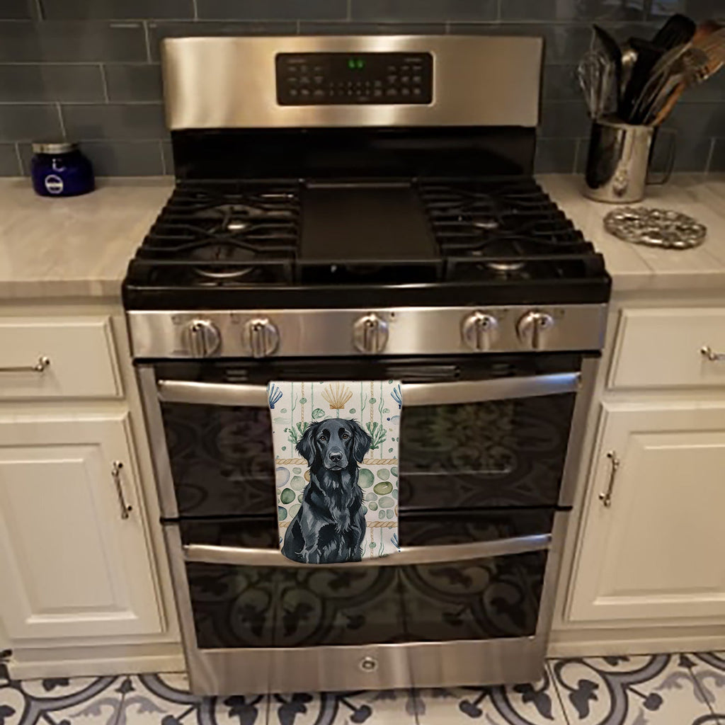 Black Flat-Coated Retriever Coastal Sea Glass Kitchen Towel Velour Plush Front and Cotton Loop Back Machine Washable
