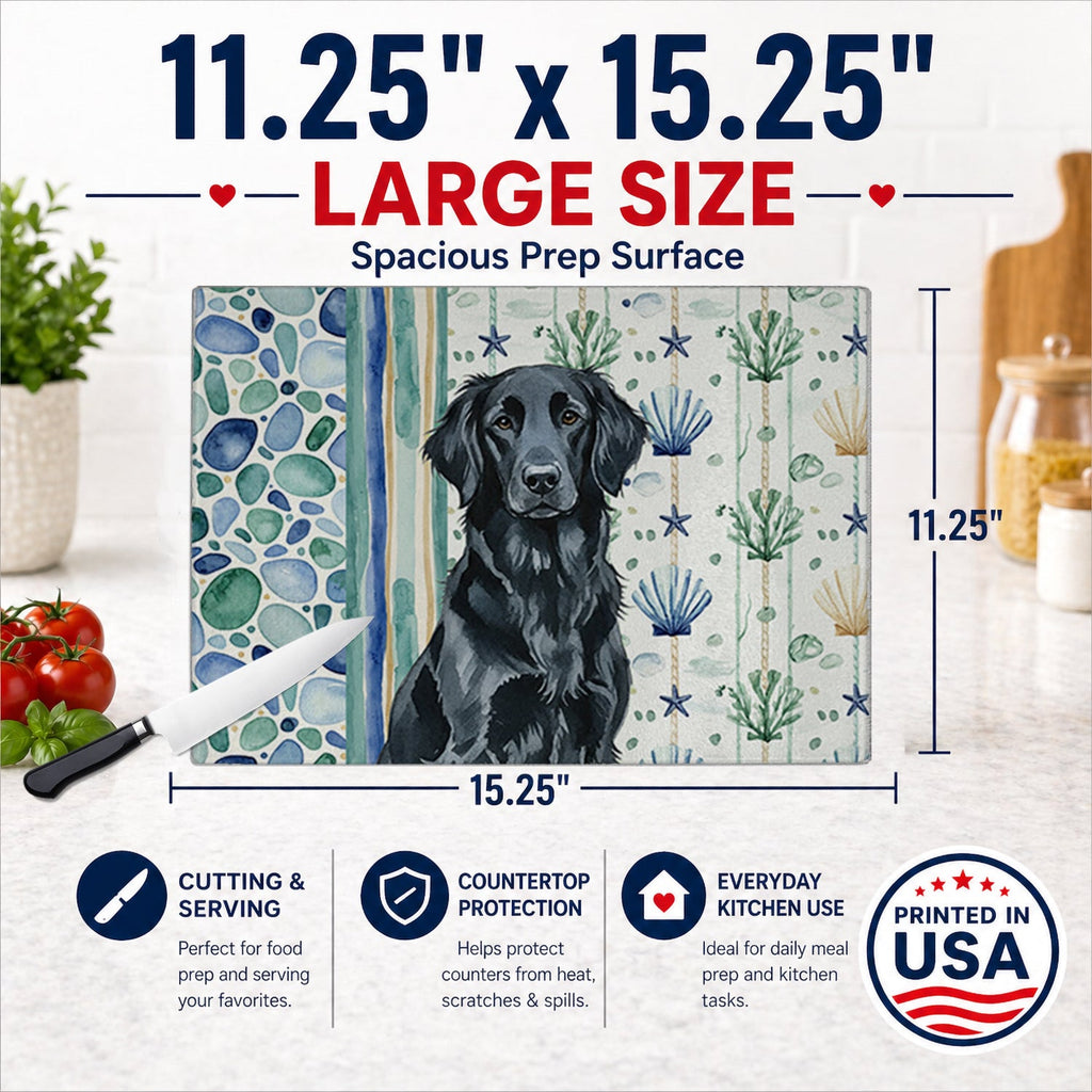 Black Flat-Coated Retriever Coastal Sea Glass Cutting Board Tempered Glass Kitchen Cutting Surface, Heat Resistant Chopping, Non-Slip Feet, Food Prep & Serving