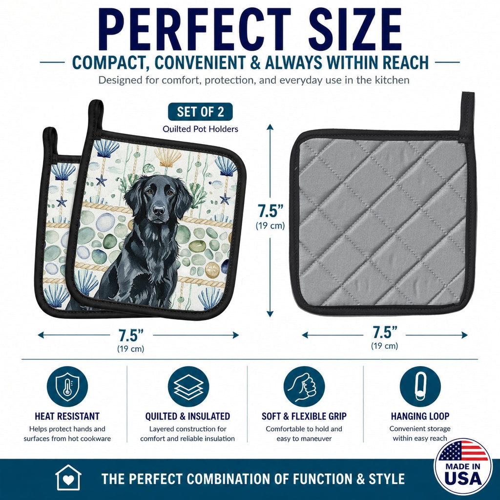 Black Flat-Coated Retriever Coastal Sea Glass Pot Holder Set of 2 Heat Resistant Quilted Hot Pads 7.5 x 7.5 Inch, Insulated Kitchen Trivets for Cooking & Baking