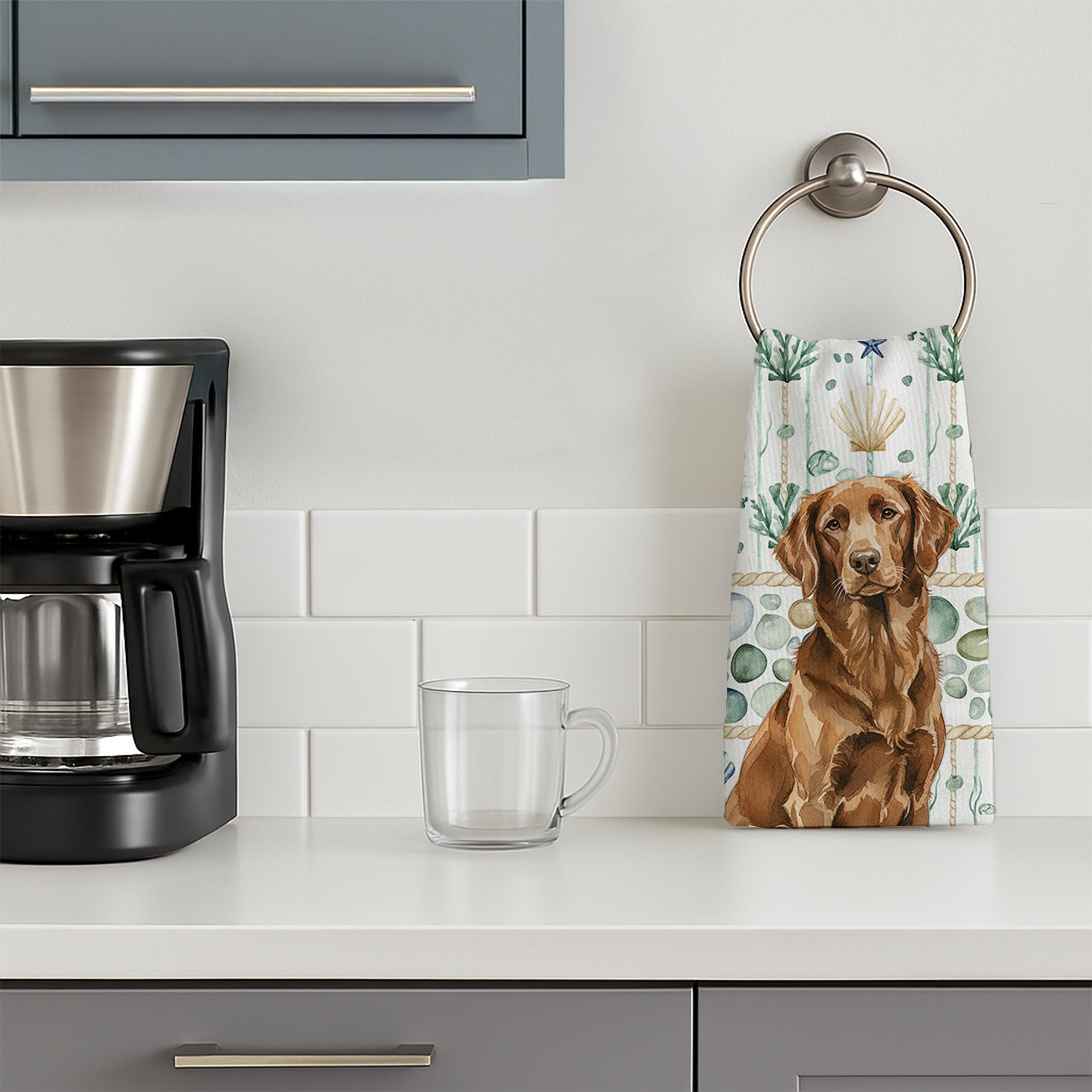 Liver Flat-Coated Retriever Coastal Sea Glass Kitchen Towel Velour Plush Front and Cotton Loop Back Machine Washable
