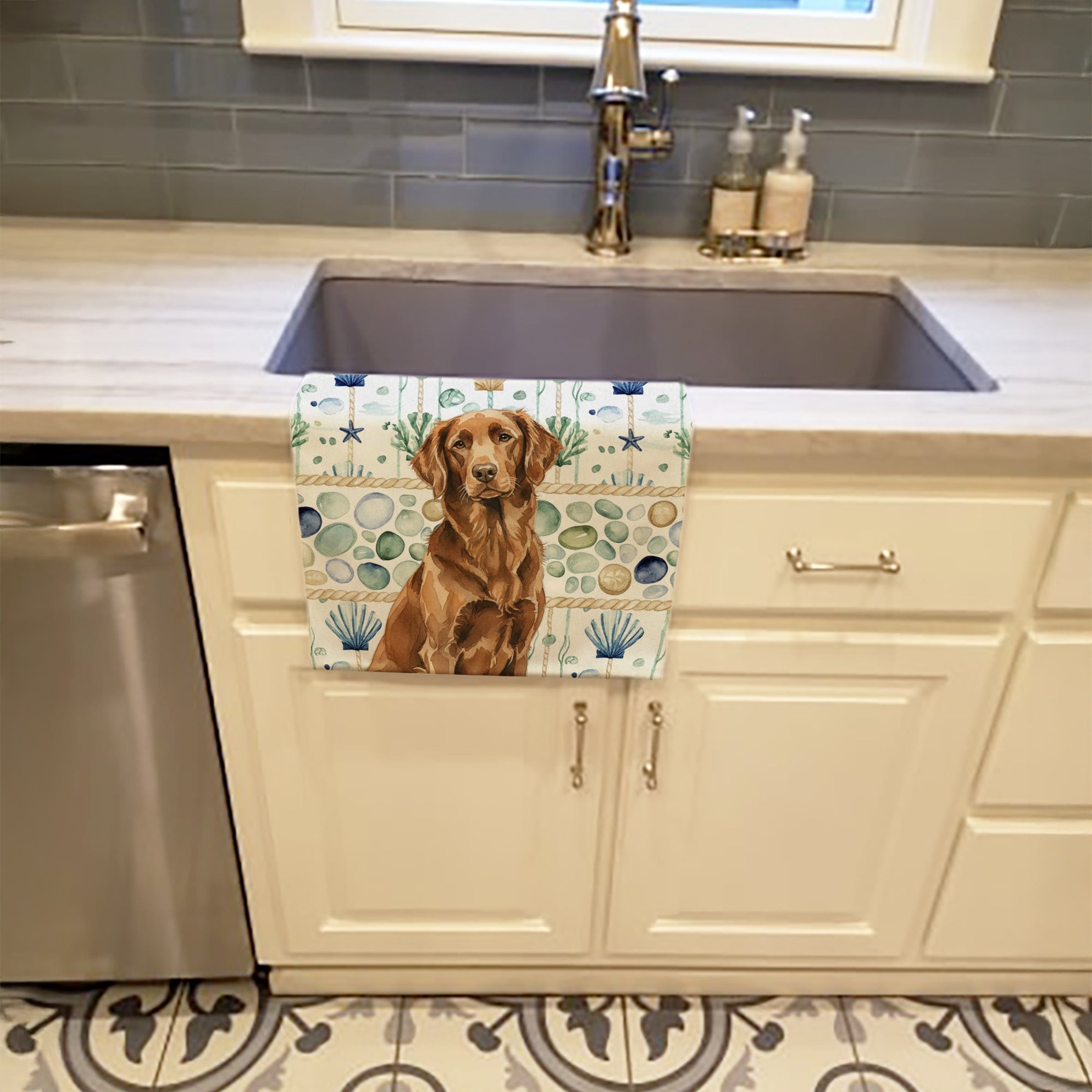 Liver Flat-Coated Retriever Coastal Sea Glass Kitchen Towel Velour Plush Front and Cotton Loop Back Machine Washable