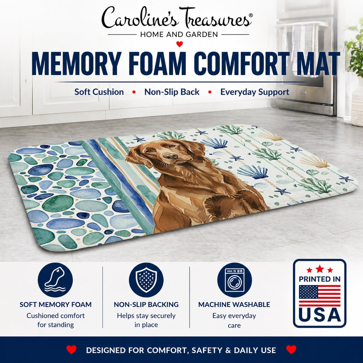 Liver Flat-Coated Retriever Coastal Sea Glass Memory Foam Kitchen Mat Machine Washable Anti-Fatigue Cushion Comfort Bath or Kitchen Rug