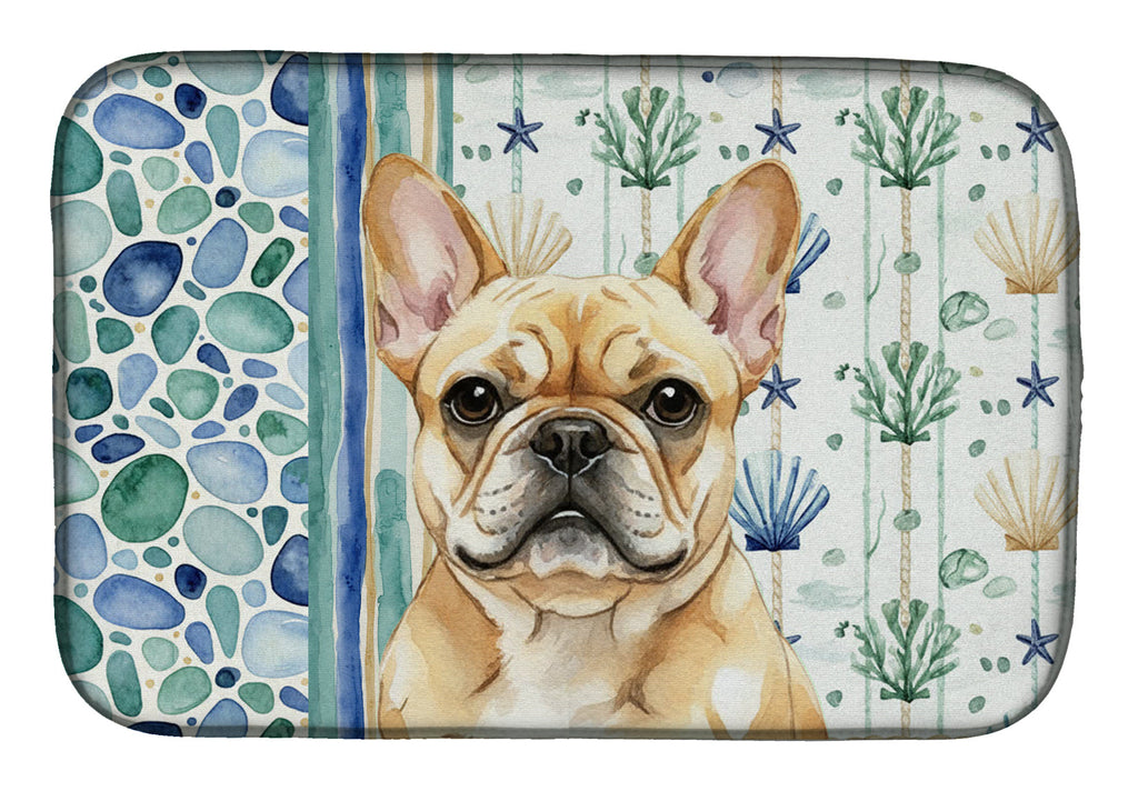 Fawn French Bulldog Coastal Sea Glass Dish Drying Mat Absorbent Dish Drying Mat Pad for Kitchen Counter Dish Drainer Mat for Countertop, 14 x 21", Multicolor