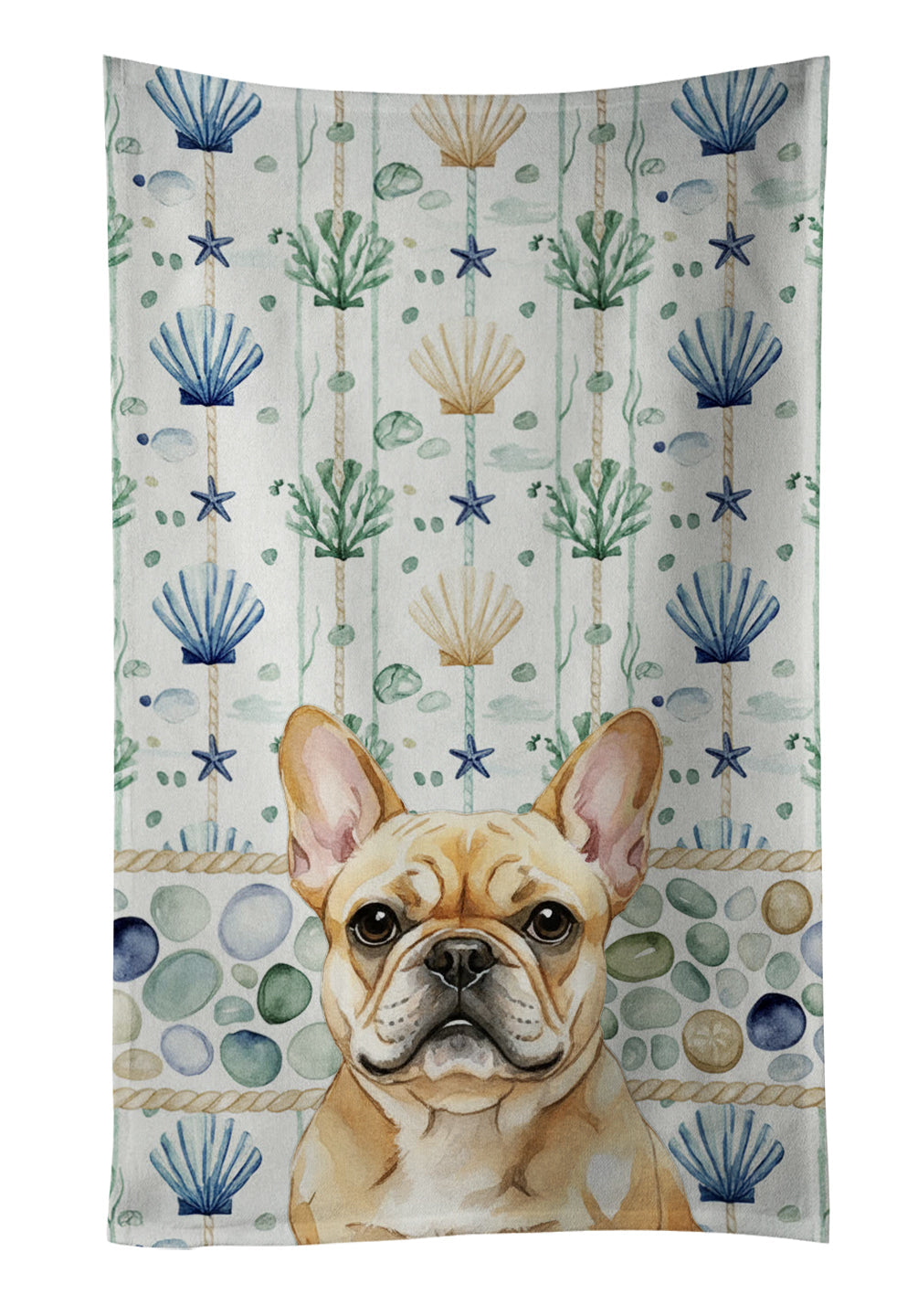 Fawn French Bulldog Coastal Sea Glass Kitchen Towel Velour Plush Front and Cotton Loop Back Machine Washable