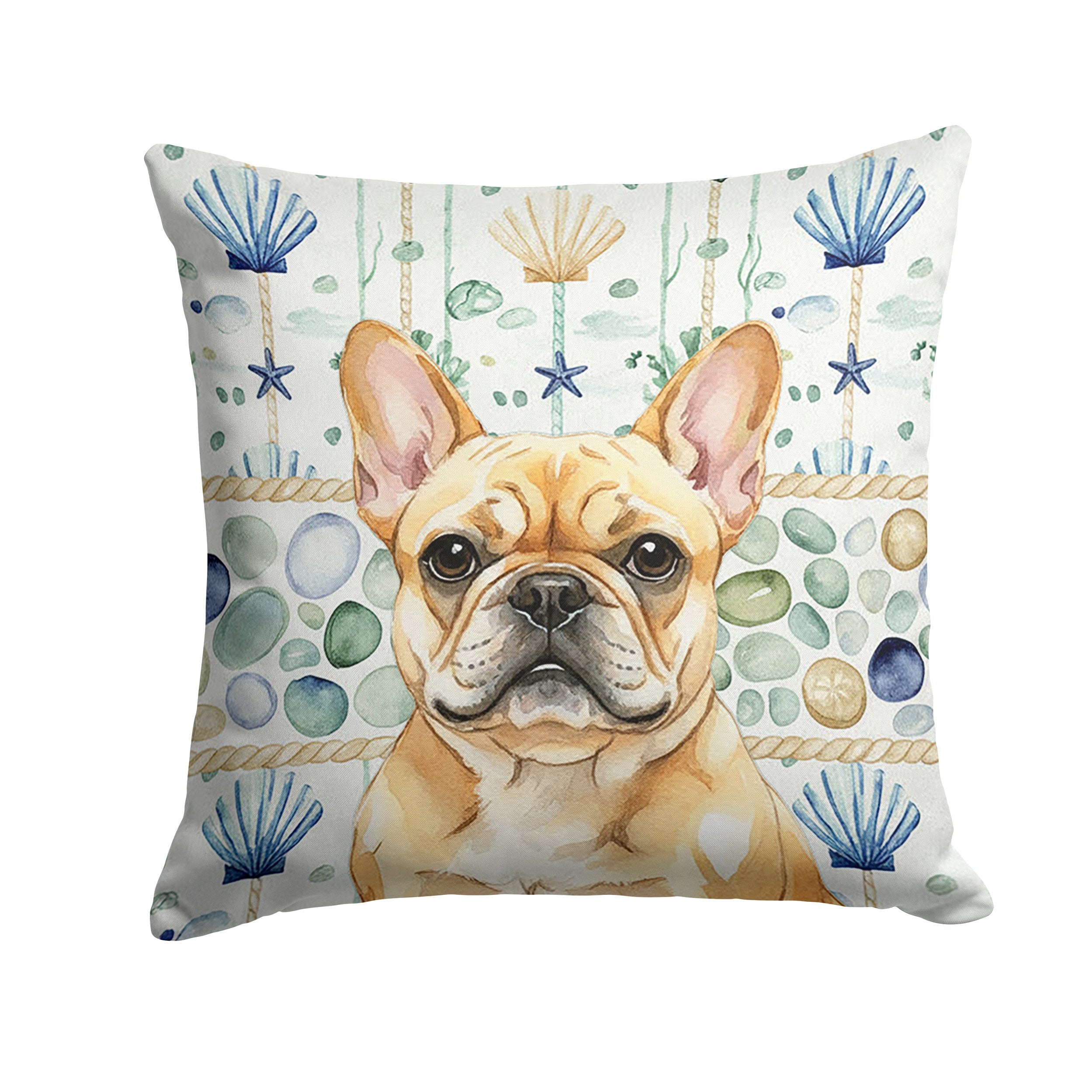 Fawn French Bulldog Coastal Sea Glass Decorative Throw Pillow 14x14 Indoor Outdoor Accent Cushion, Fabric Cover with Insert for Sofa, Bed, Porch & Living Room