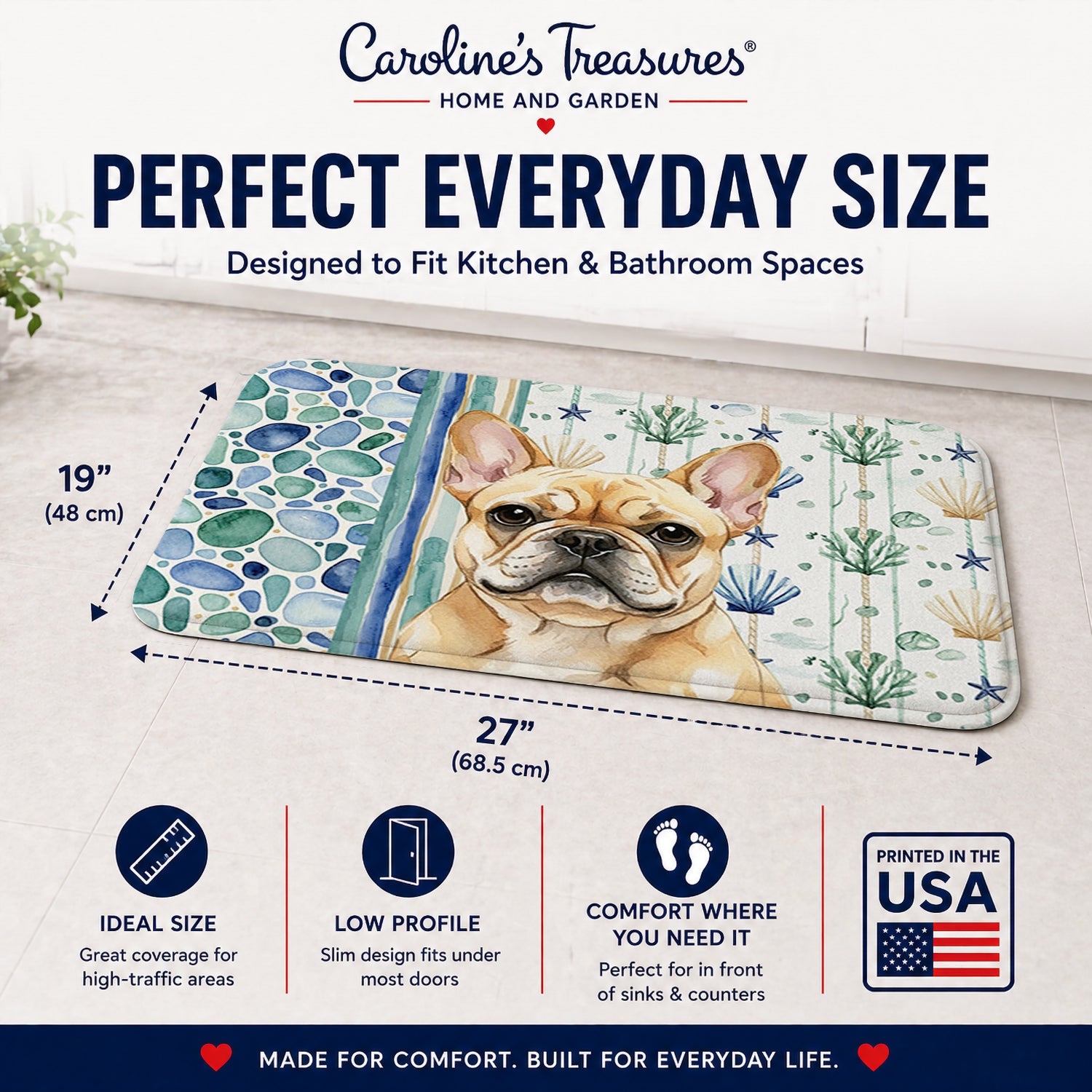 Fawn French Bulldog Coastal Sea Glass Memory Foam Kitchen Mat Machine Washable Anti-Fatigue Cushion Comfort Bath or Kitchen Rug