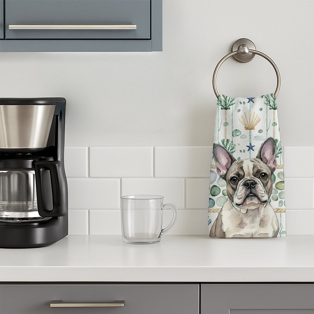 Pied French Bulldog Coastal Sea Glass Kitchen Towel Velour Plush Front and Cotton Loop Back Machine Washable