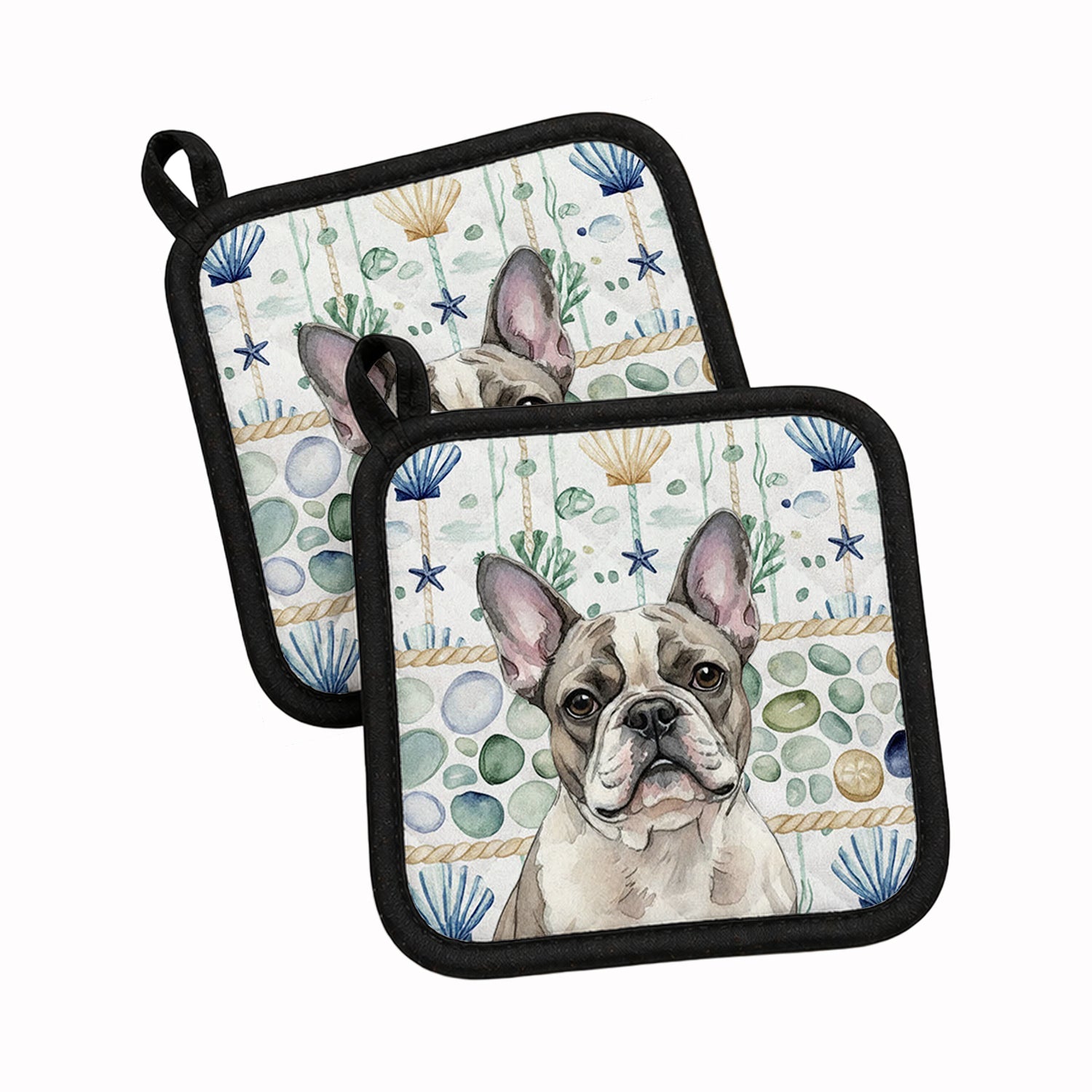 Pied French Bulldog Coastal Sea Glass Pot Holder Set of 2 Heat Resistant Quilted Hot Pads 7.5 x 7.5 Inch, Insulated Kitchen Trivets for Cooking & Baking