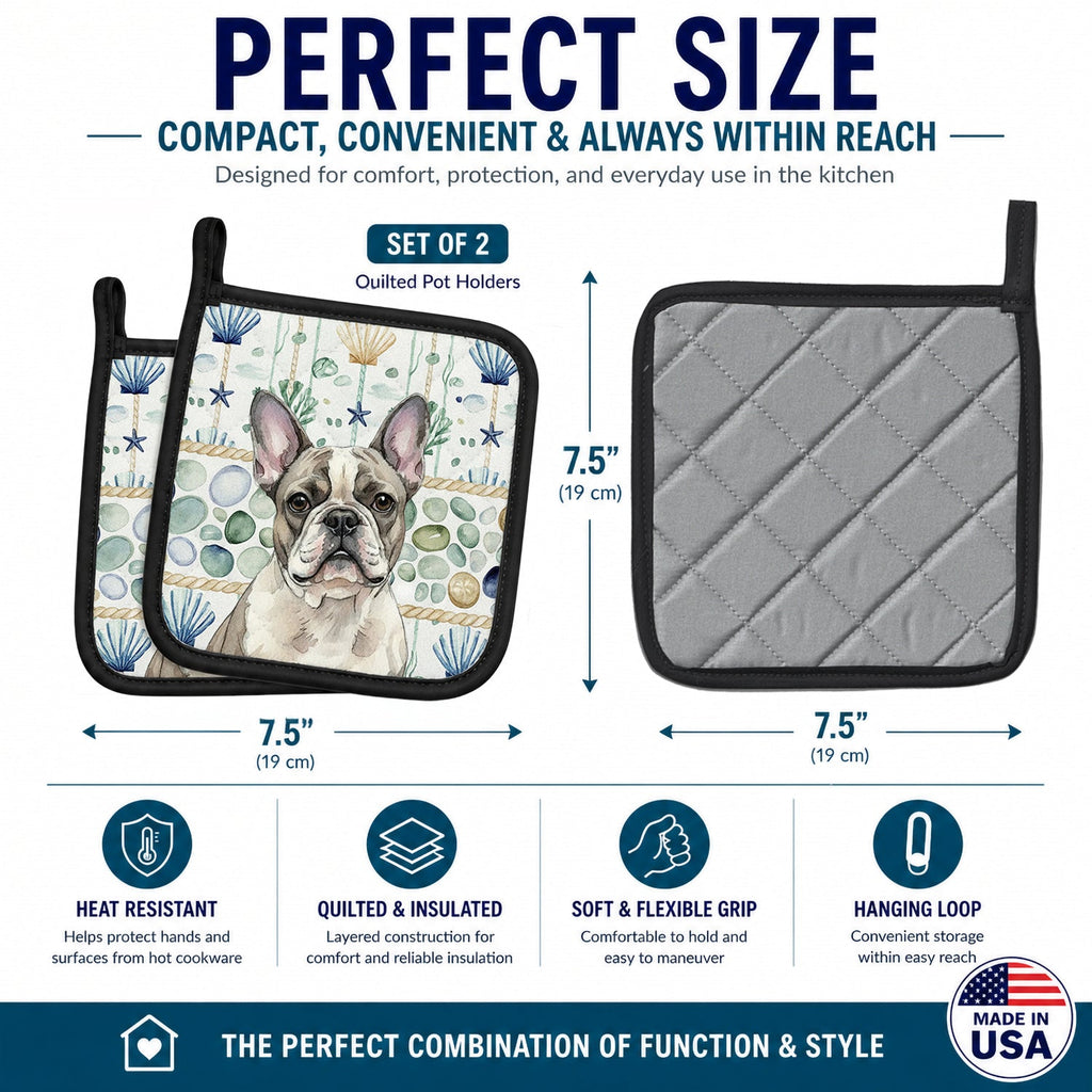 Pied French Bulldog Coastal Sea Glass Pot Holder Set of 2 Heat Resistant Quilted Hot Pads 7.5 x 7.5 Inch, Insulated Kitchen Trivets for Cooking & Baking