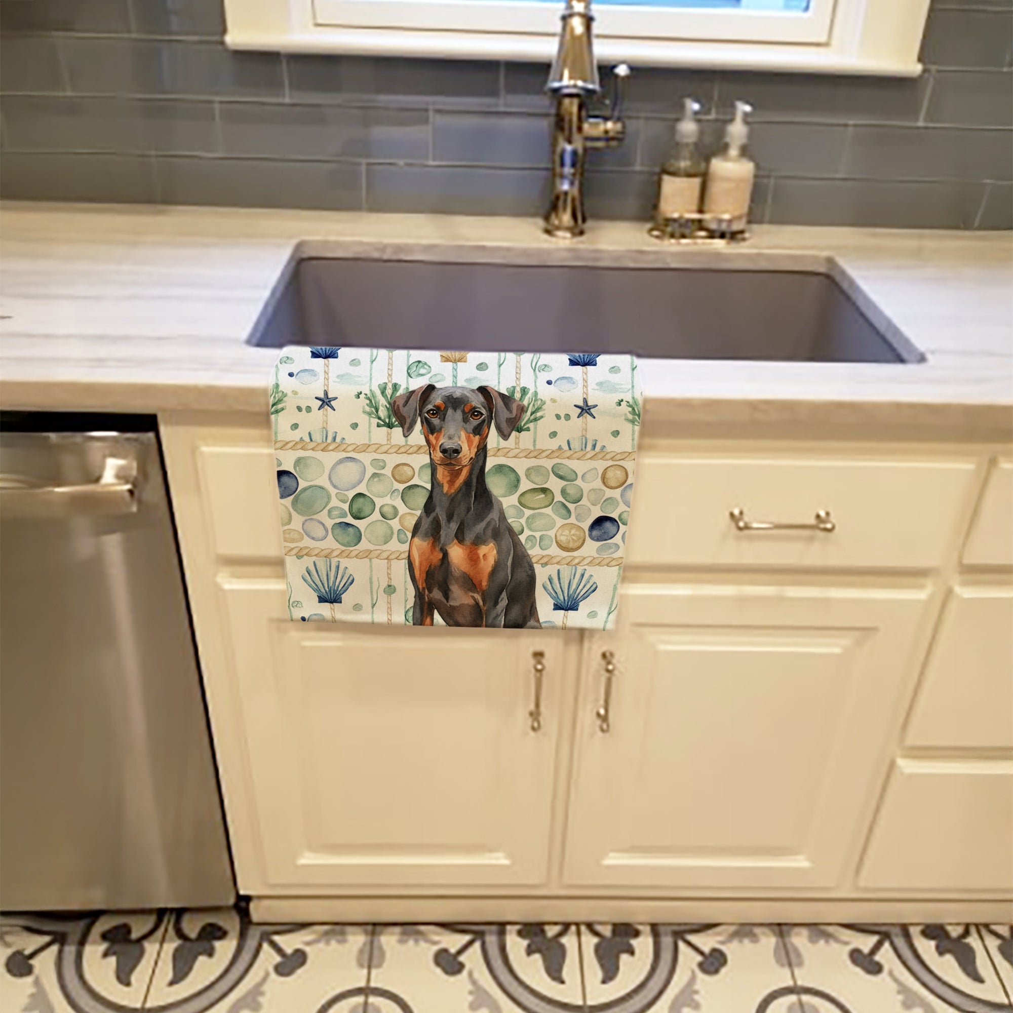 German Pinscher Coastal Sea Glass Kitchen Towel Velour Plush Front and Cotton Loop Back Machine Washable