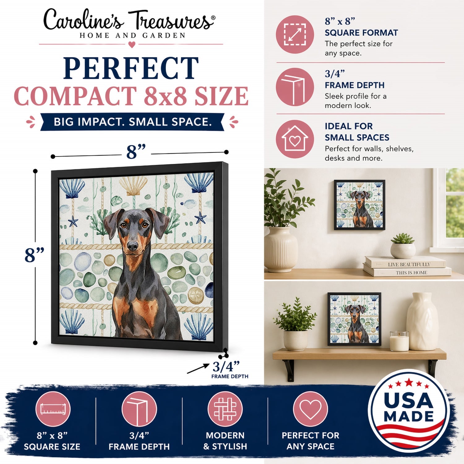 German Pinscher Coastal Sea Glass Framed Metal Print Bathroom, Kitchen, Office, Home Decor Wall Art Ready to Hang, Square, 8X8
