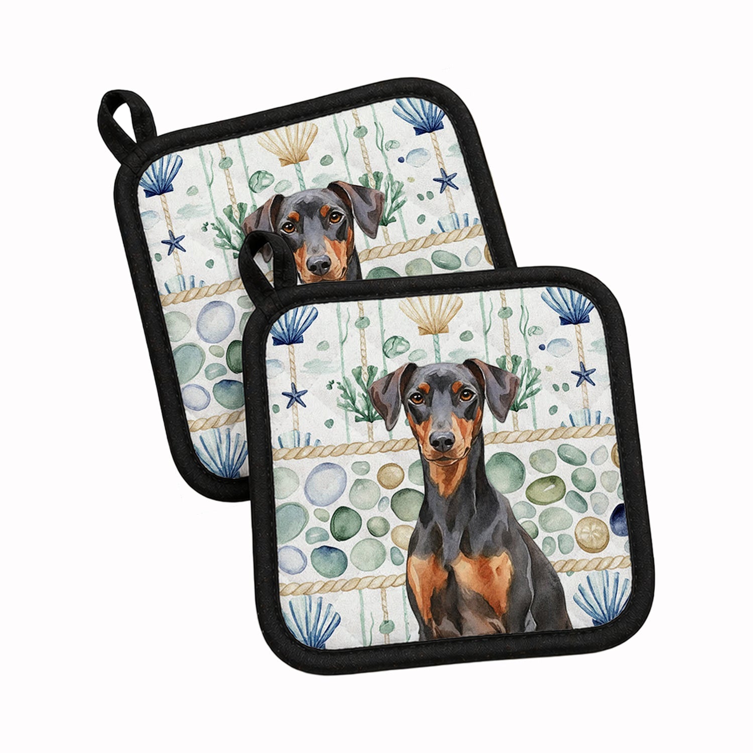 German Pinscher Coastal Sea Glass Pot Holder Set of 2 Heat Resistant Quilted Hot Pads 7.5 x 7.5 Inch, Insulated Kitchen Trivets for Cooking & Baking
