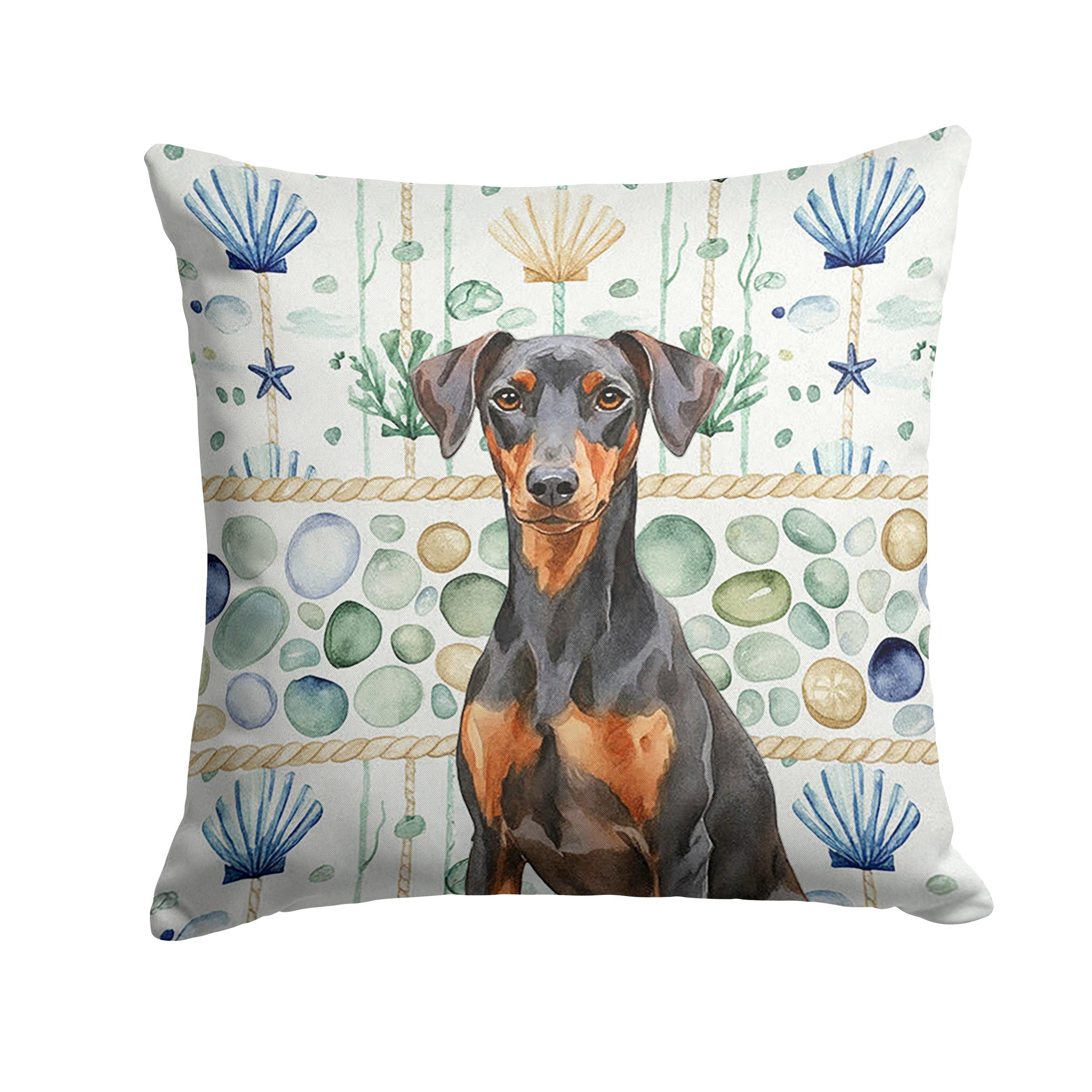 German Pinscher Coastal Sea Glass Decorative Throw Pillow 18x18 Indoor Outdoor Accent Cushion, Fabric Cover with Insert for Sofa, Bed, Porch & Living Room