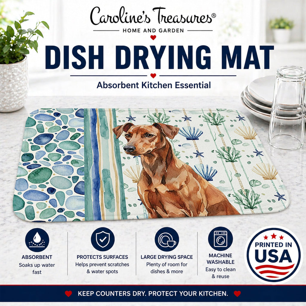 Red German Pinscher Coastal Sea Glass Dish Drying Mat Absorbent Dish Drying Mat Pad for Kitchen Counter Dish Drainer Mat for Countertop, 14 x 21", Multicolor