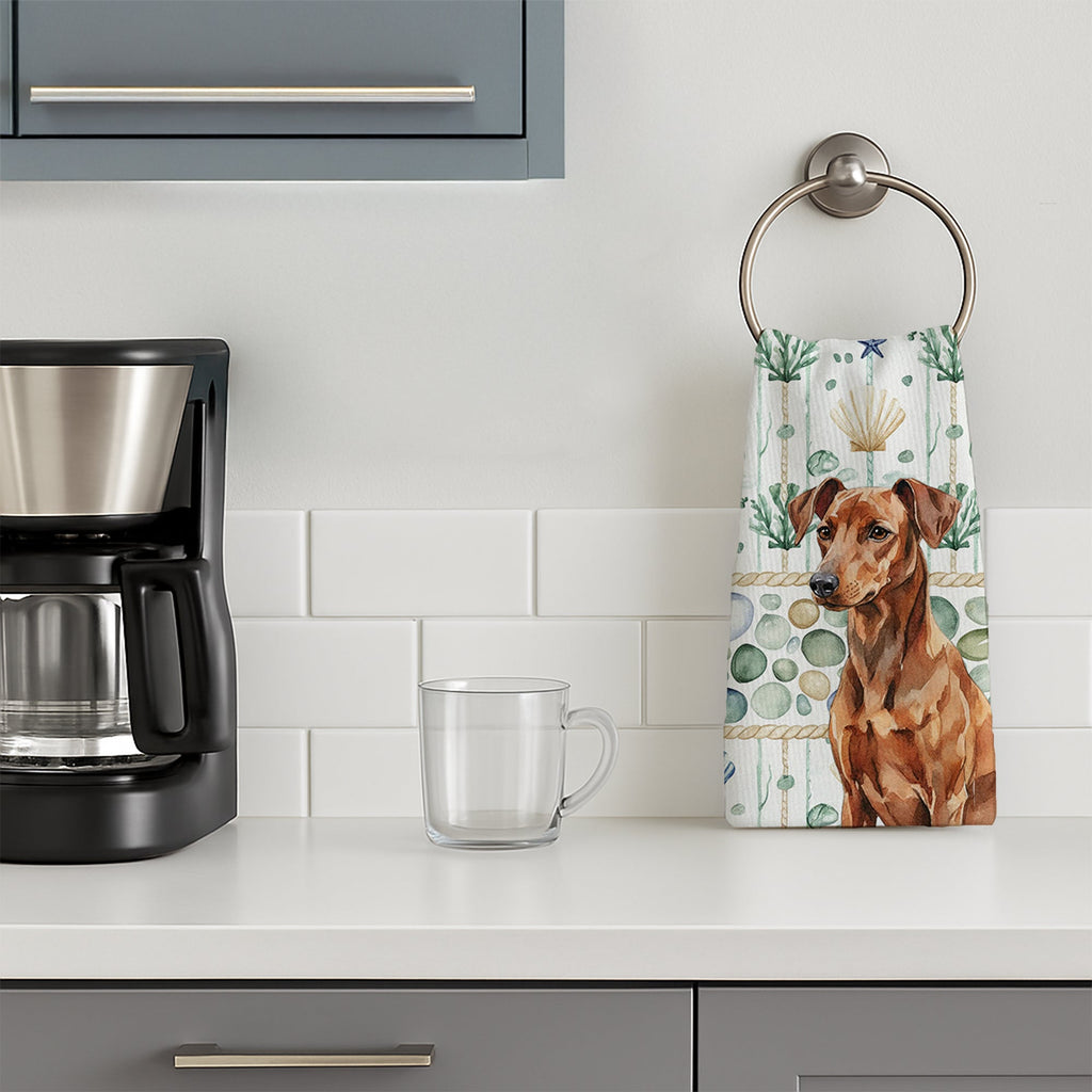 Red German Pinscher Coastal Sea Glass Kitchen Towel Velour Plush Front and Cotton Loop Back Machine Washable