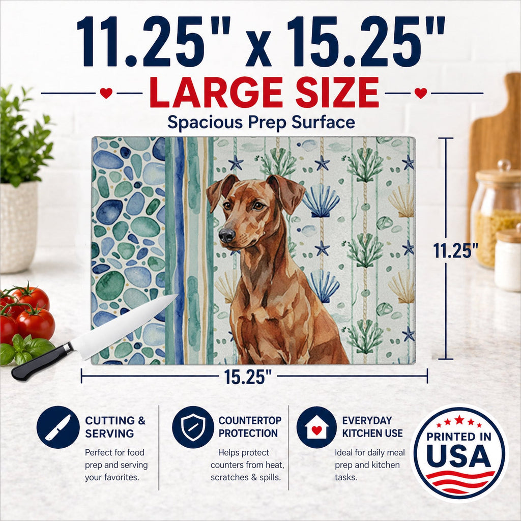 Red German Pinscher Coastal Sea Glass Cutting Board Tempered Glass Kitchen Cutting Surface, Heat Resistant Chopping, Non-Slip Feet, Food Prep & Serving