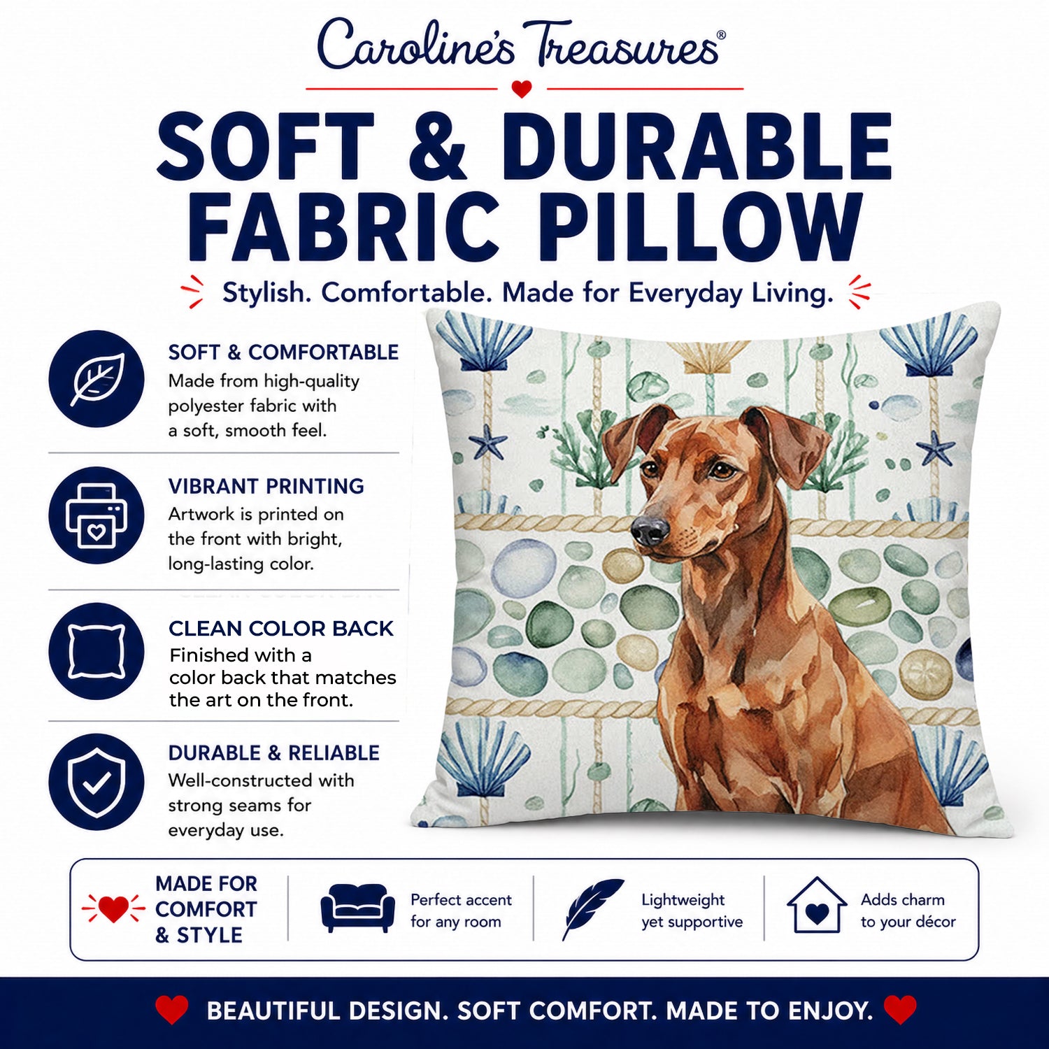 Red German Pinscher Coastal Sea Glass Decorative Throw Pillow 18x18 Indoor Outdoor Accent Cushion, Fabric Cover with Insert for Sofa, Bed, Porch & Living Room