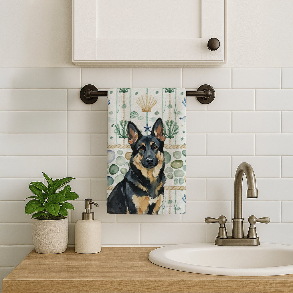 Black and Tan German Shepherd Coastal Sea Glass Kitchen Towel Velour Plush Front and Cotton Loop Back Machine Washable