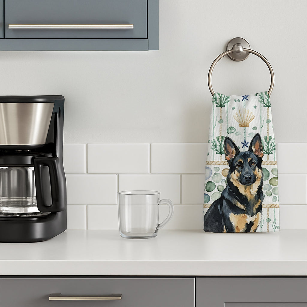 Black and Tan German Shepherd Coastal Sea Glass Kitchen Towel Velour Plush Front and Cotton Loop Back Machine Washable
