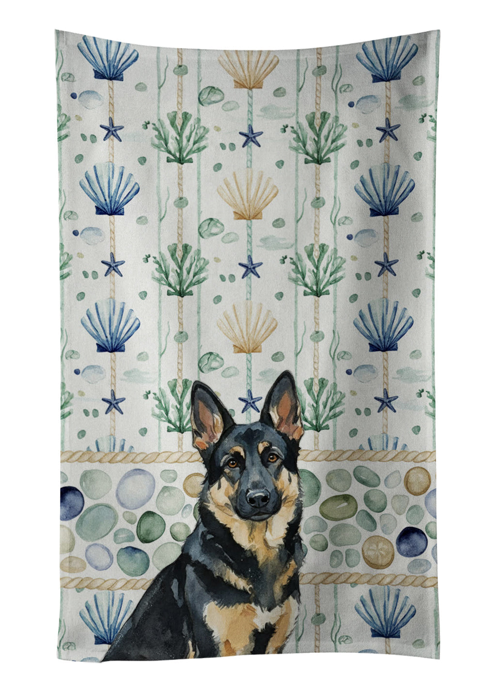 Black and Tan German Shepherd Coastal Sea Glass Kitchen Towel Velour Plush Front and Cotton Loop Back Machine Washable