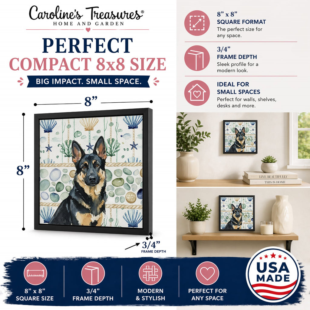 Black and Tan German Shepherd Coastal Sea Glass Framed Metal Print Bathroom, Kitchen, Office, Home Decor Wall Art Ready to Hang, Square, 8X8