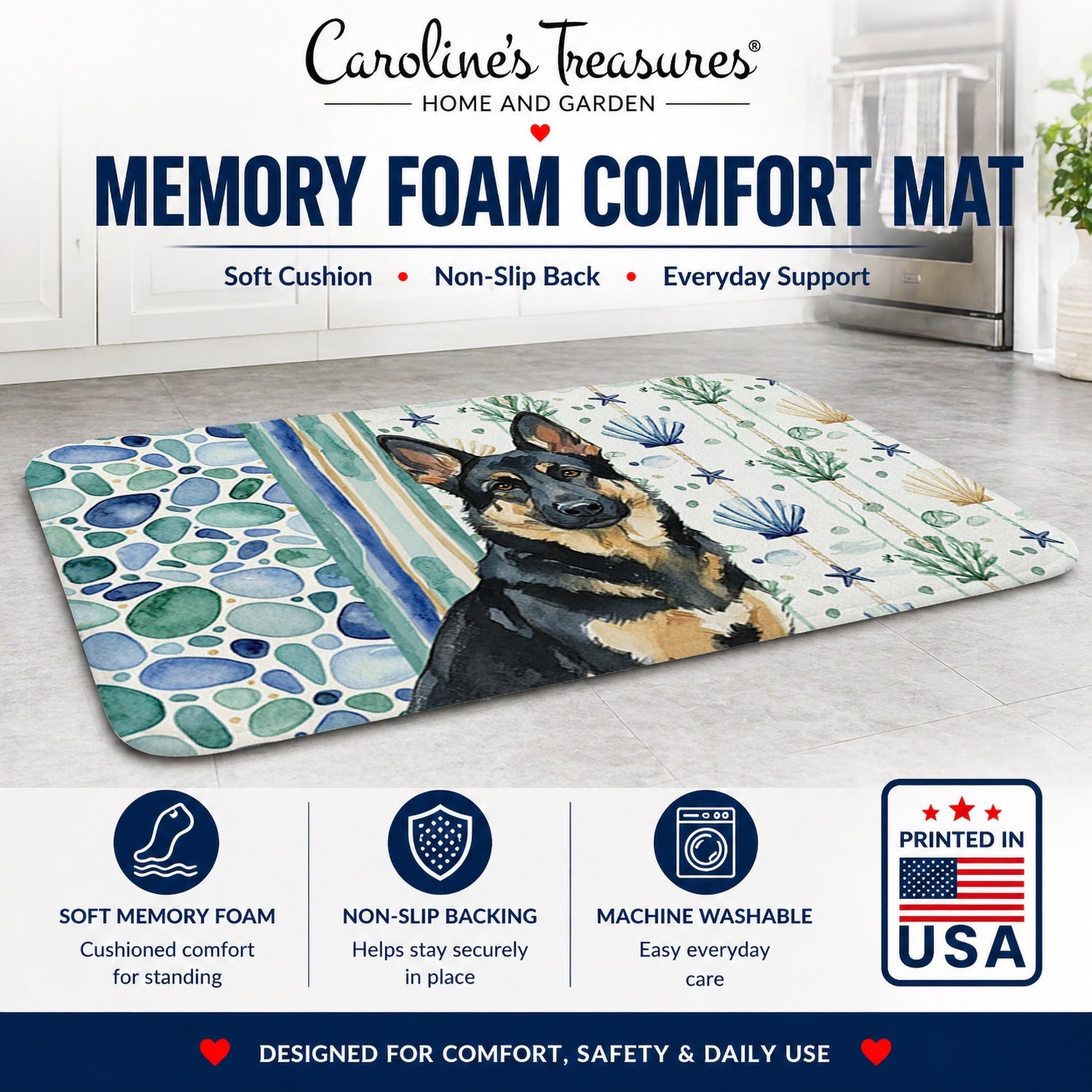 Black and Tan German Shepherd Coastal Sea Glass Memory Foam Kitchen Mat Machine Washable Anti-Fatigue Cushion Comfort Bath or Kitchen Rug